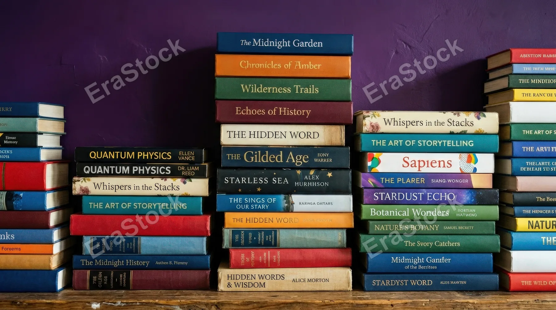 A colorful collection of books arranged on a purple background, crisp covers, stacked variety and a vibrant studious mood, ultra-realistic, no logos.