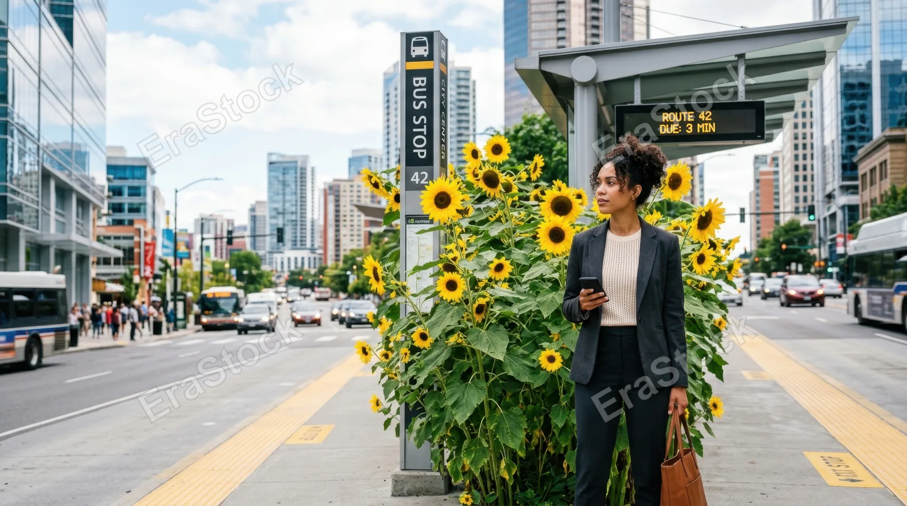 a bold composition featuring the mixed-race female commuter standing at the bus stop, surrounded by the oversized sunflowers and a clear view of the vibrant urban