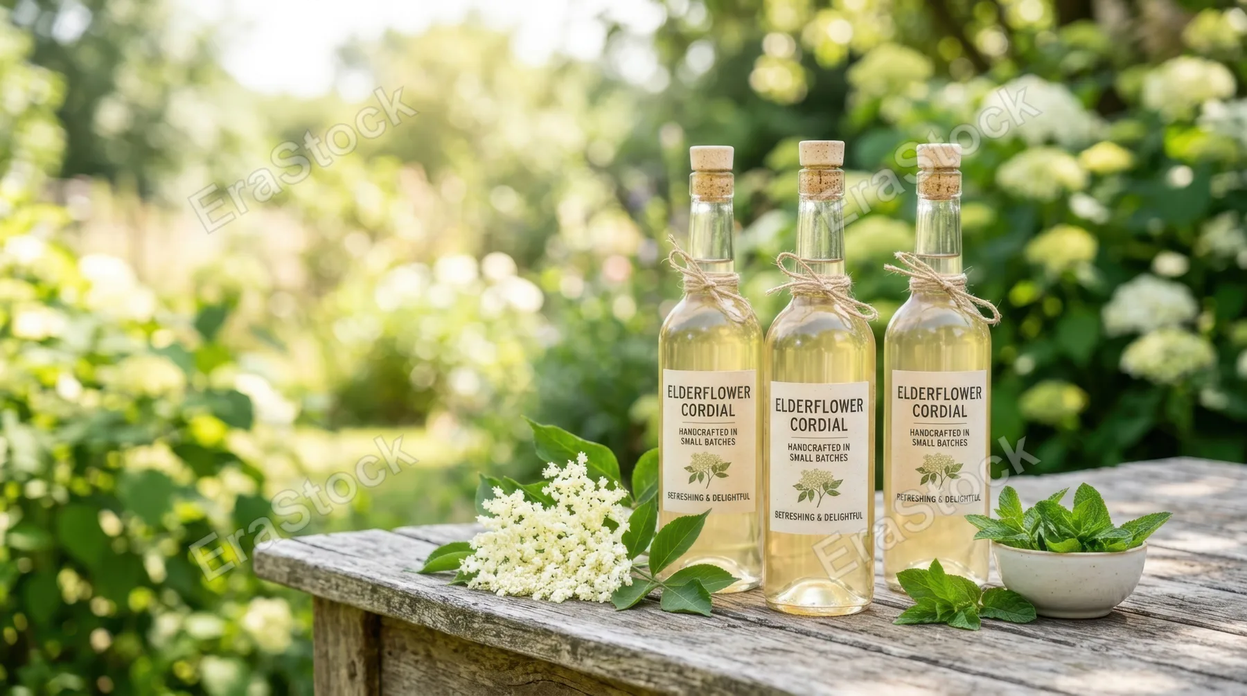 a bold, graphic composition focused on glass bottles of elderflower cordial placed on a rustic garden table. the image features a minimalistic design with crisp whites