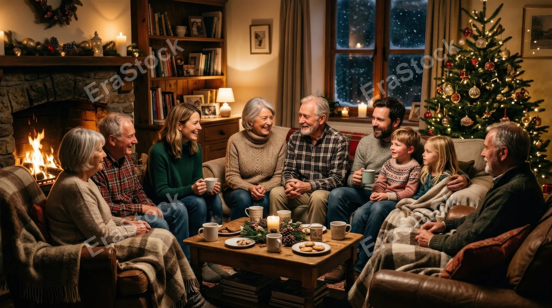 A warm family gathering in winter, soft lighting, close conversation, cozy togetherness around the home, ultra-realistic, no logos.