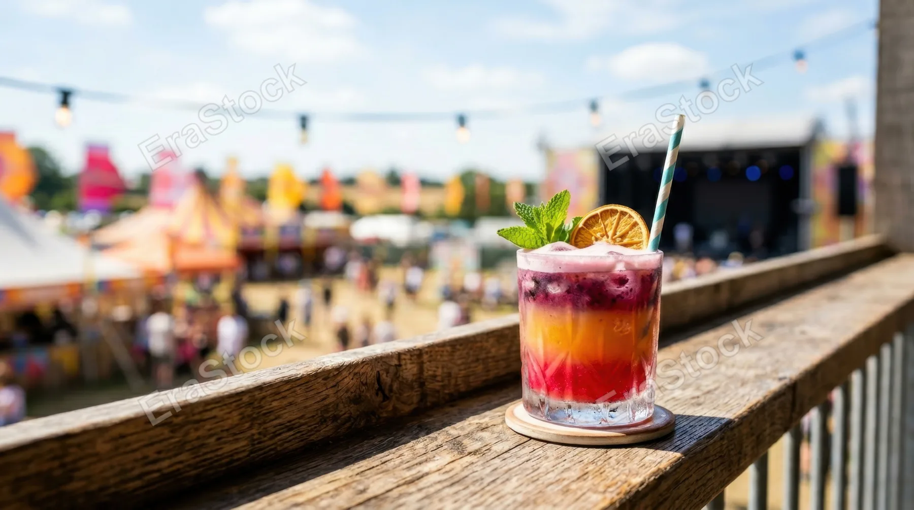 a bold and graphic composition featuring a single colorful drink on a textured balcony surface, showcasing its vibrant colors against a generous negative space that
