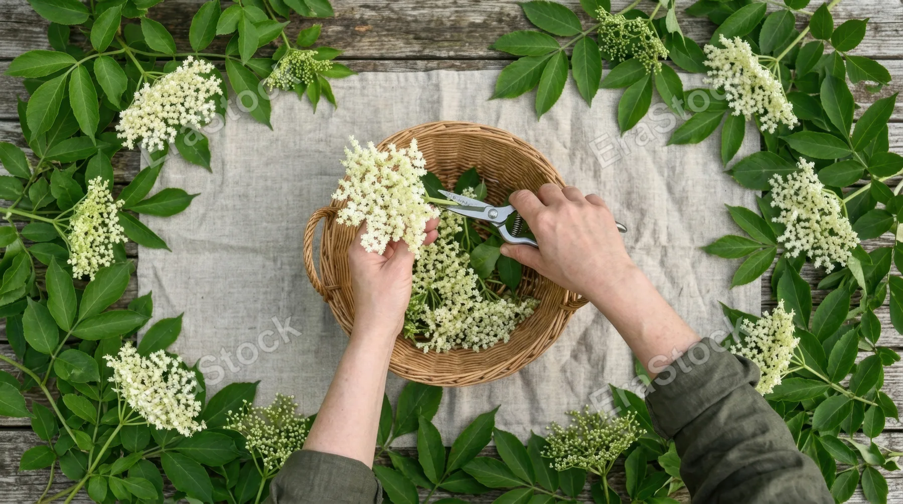 an overhead angle shot displaying the hands harvesting elderflowers, with the vibrant green leaves framing the composition. the image conveys a sense of tranquility and