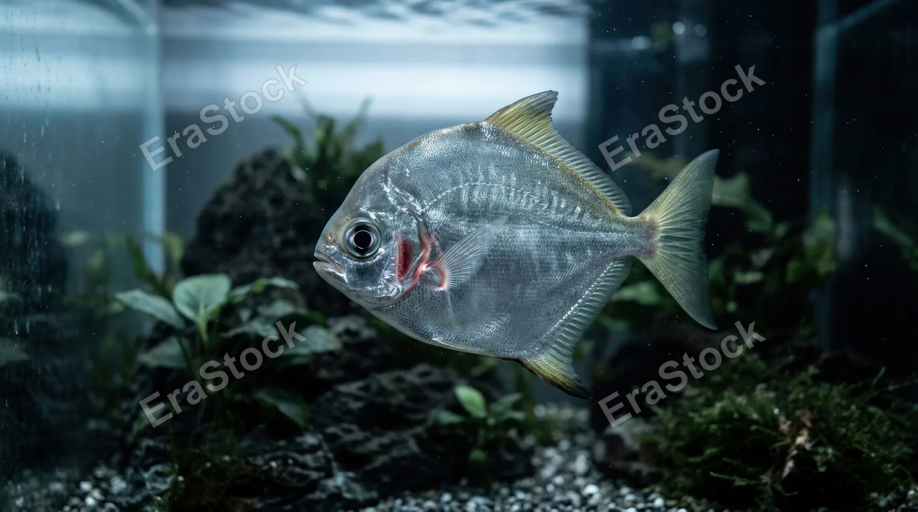 A silvery fish with a steep forehead and large eye swimming in an aquarium, cool monochrome light through glass, subtle red near the gill and quiet underwater elegance, ultra-realistic, no logos.