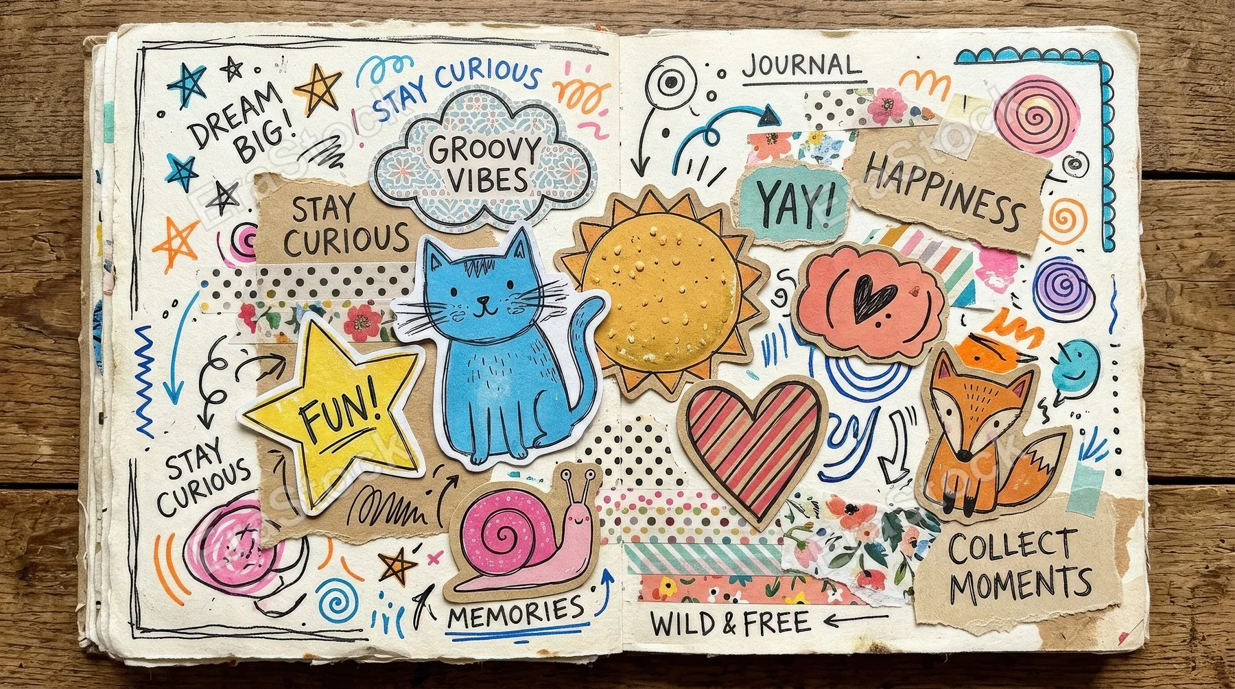A playful set of collage doodles and funky paper stickers, scribbled shapes, rough cut edges and a lighthearted handmade scrapbook vibe, ultra-realistic, no logos.