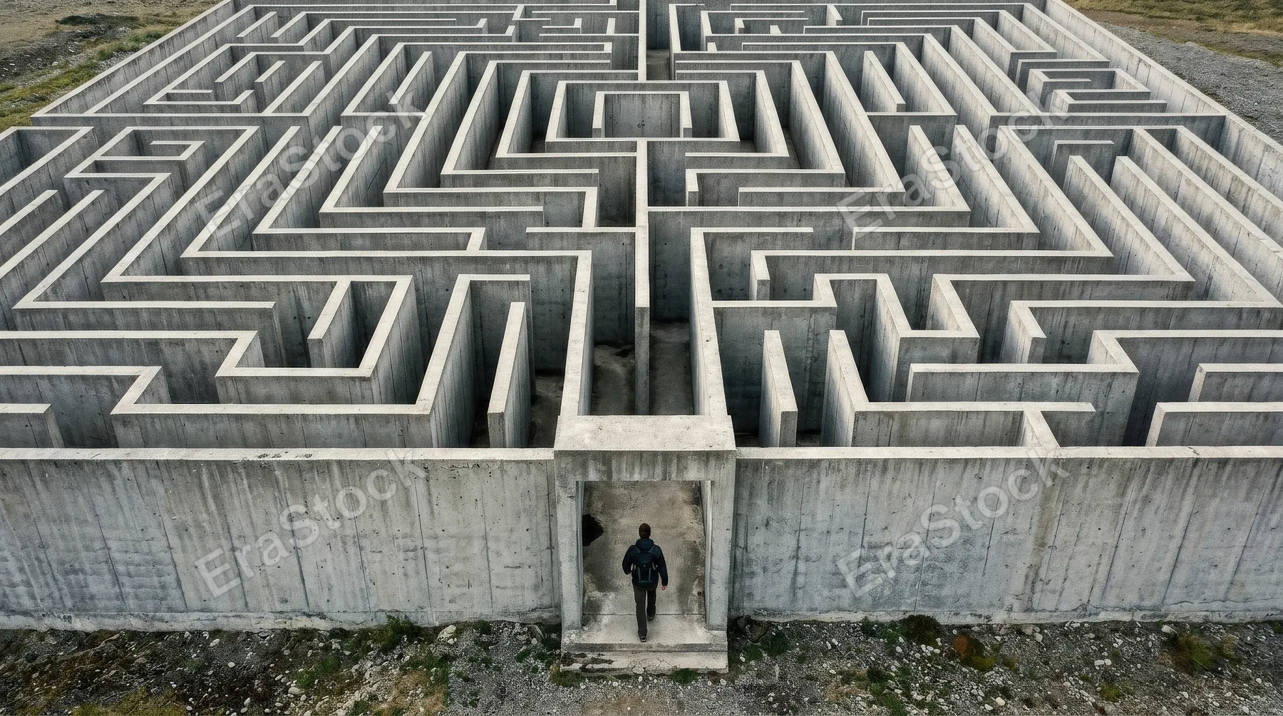 Top view of a man entering a vast concrete maze, sharp corridors and dead ends, stark geometry, soft overhead light, symbol of challenge confusion and life journey, tense conceptual atmosphere,