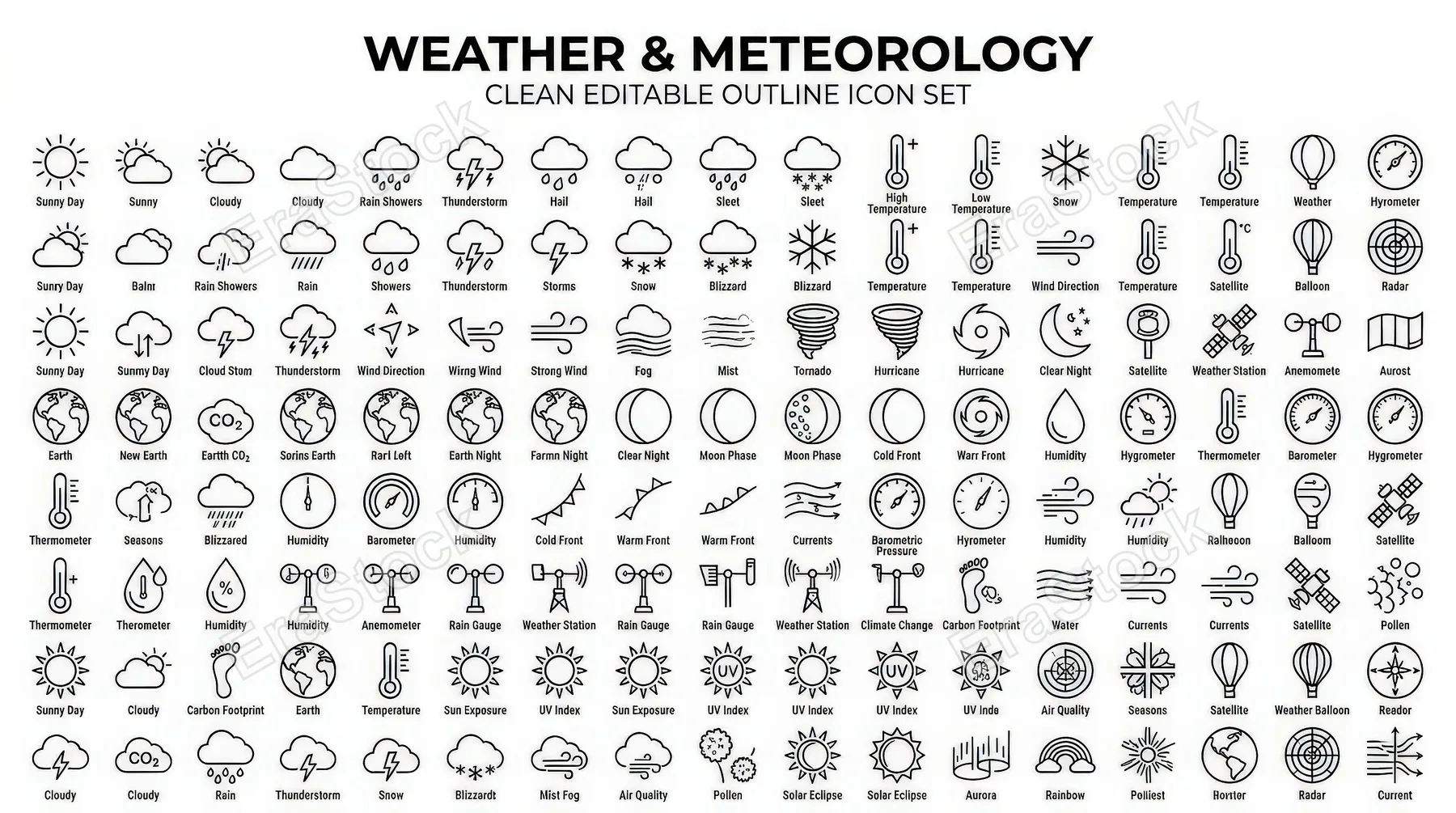 Weather and meteorology icons with forecast, climate and atmospheric symbols in a clean editable outline set on white, informative and airy, ultra-realistic, no logos.