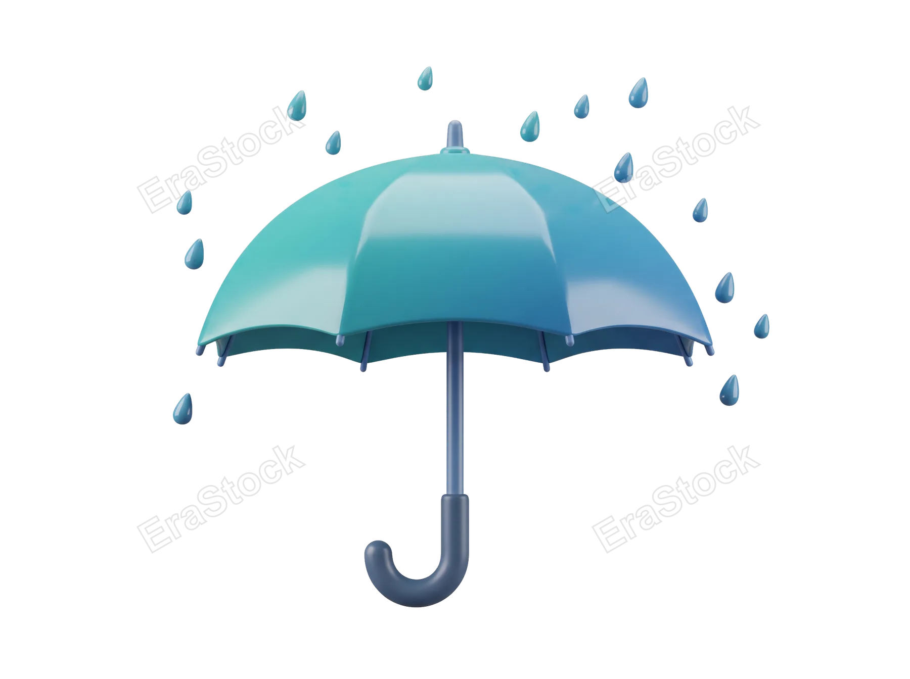 This illustration features a vibrant teal umbrella open and shielding from a scattering of blue raindrops against a clean white backdrop
