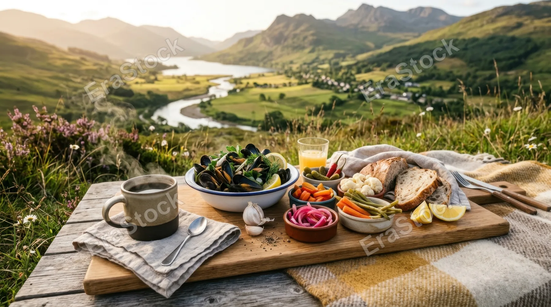 an intimate detail shot of a steaming cup of fresh coffee resting beside a rustic picnic board featuring delicious pickled vegetables and mussels. the warm sunlight