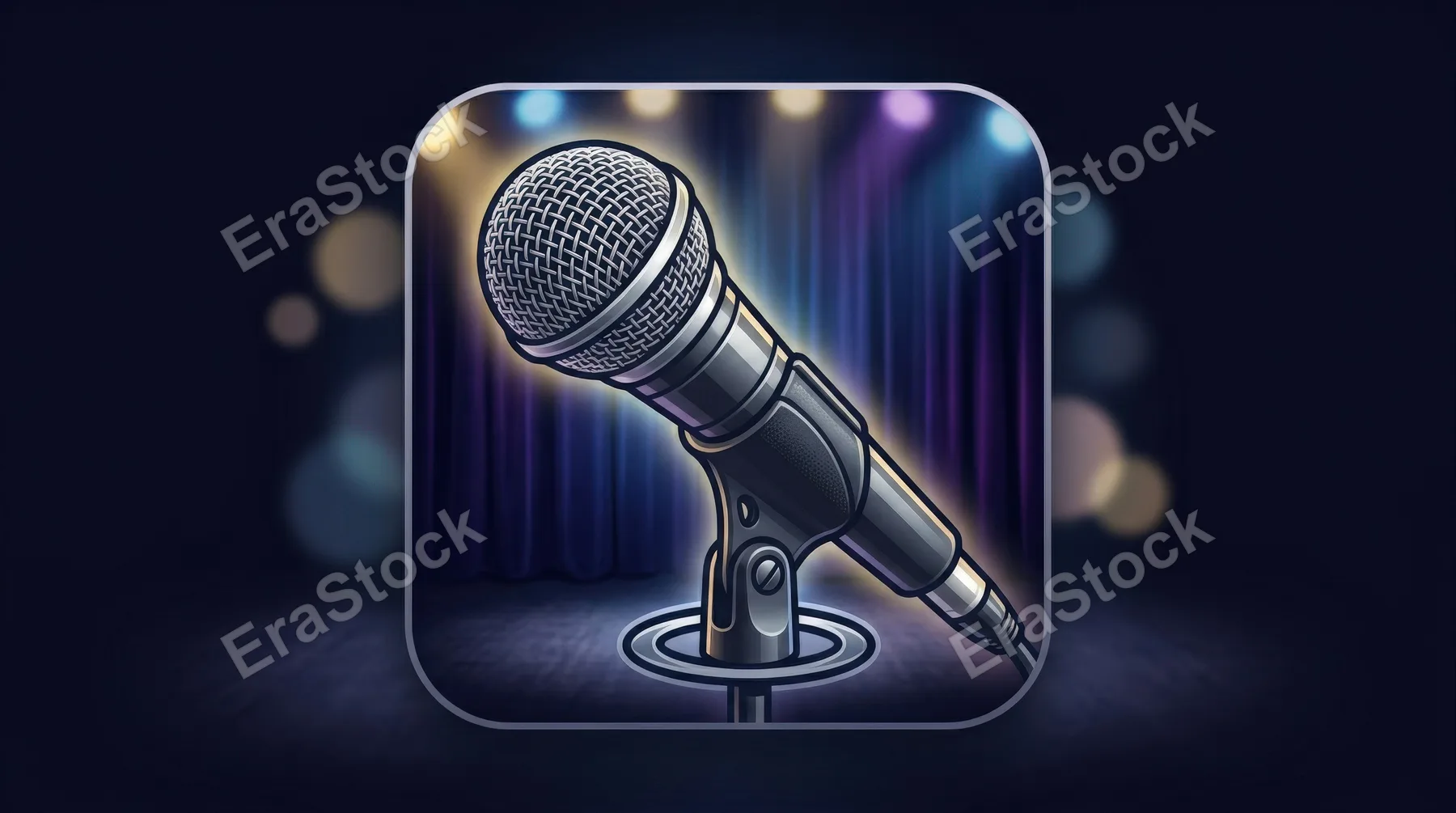 A microphone icon with classic mesh head and slim handle, audio-focused performance atmosphere, ultra-realistic, no logos.