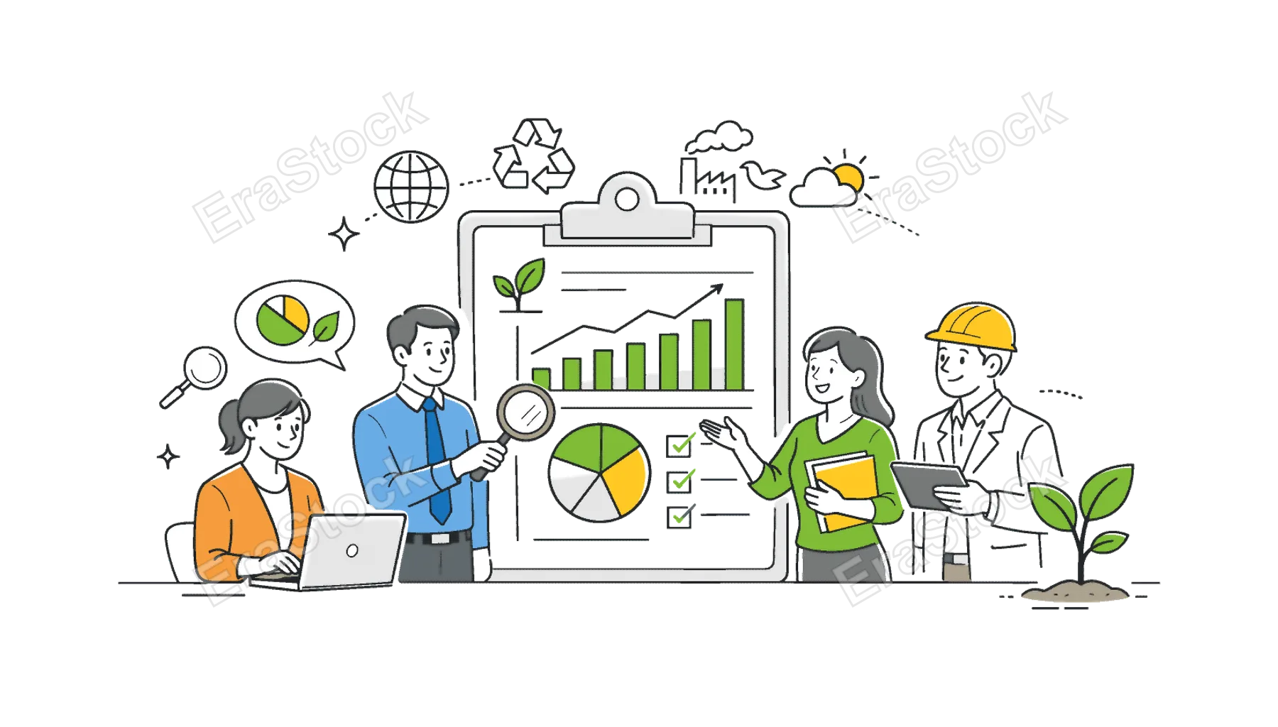 Environmental impact assessment and reporting in a corporate or public sector setting, depicted by a clipboard with a graph and a simple plant as the main elements,