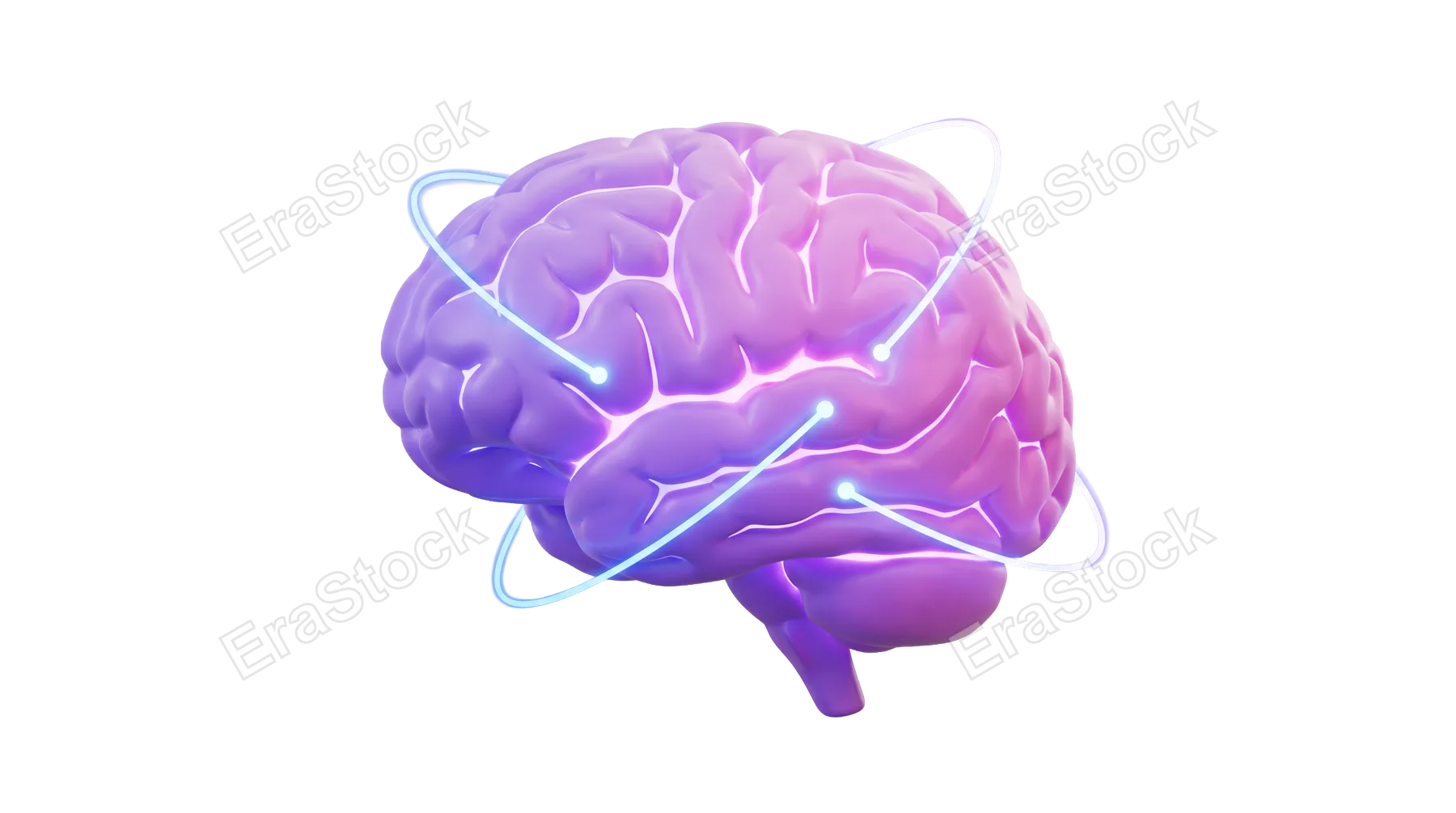 A stylized 3D rendering of a human brain illuminated with purple and pink gradients, featuring glowing blue lines connecting points within the organ