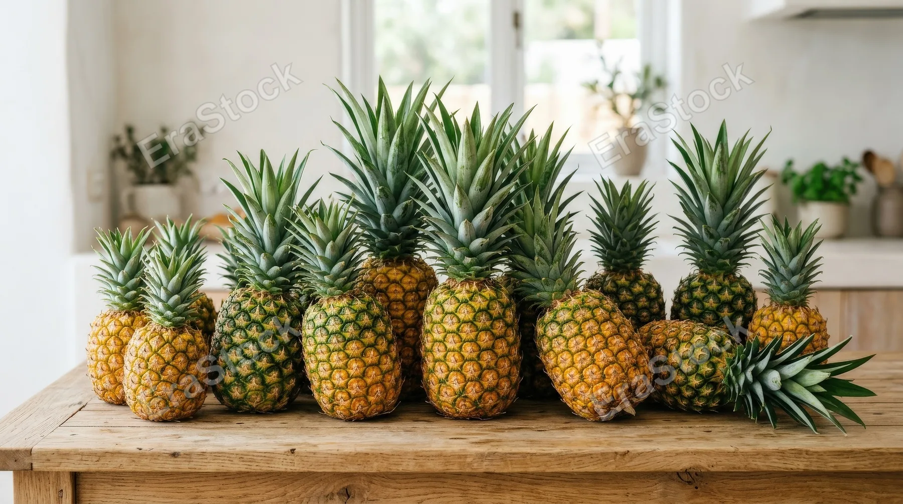 A pineapple collection with bold tropical shapes, spiky crowns, and rich golden-green contrast, clean minimal mood, ultra-realistic, no logos.