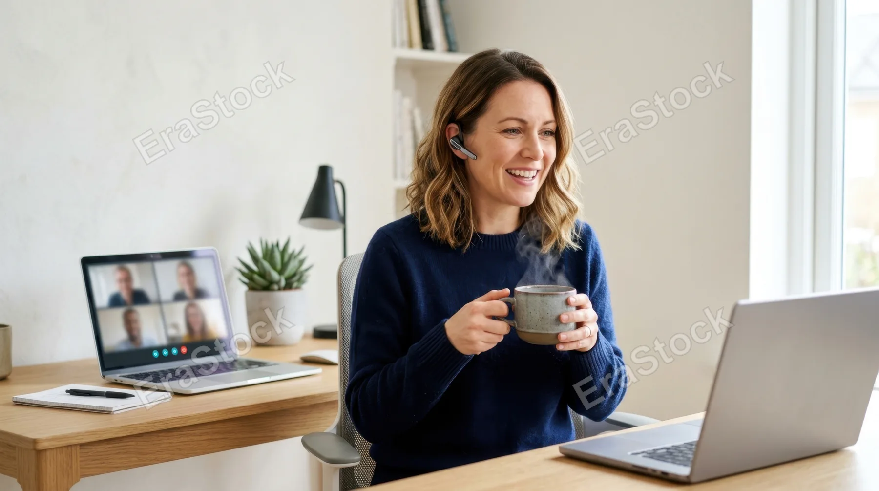 a graphic commercial composition featuring a 35-year-old caucasian female remote worker centered in the frame, actively participating in a video call as she holds her