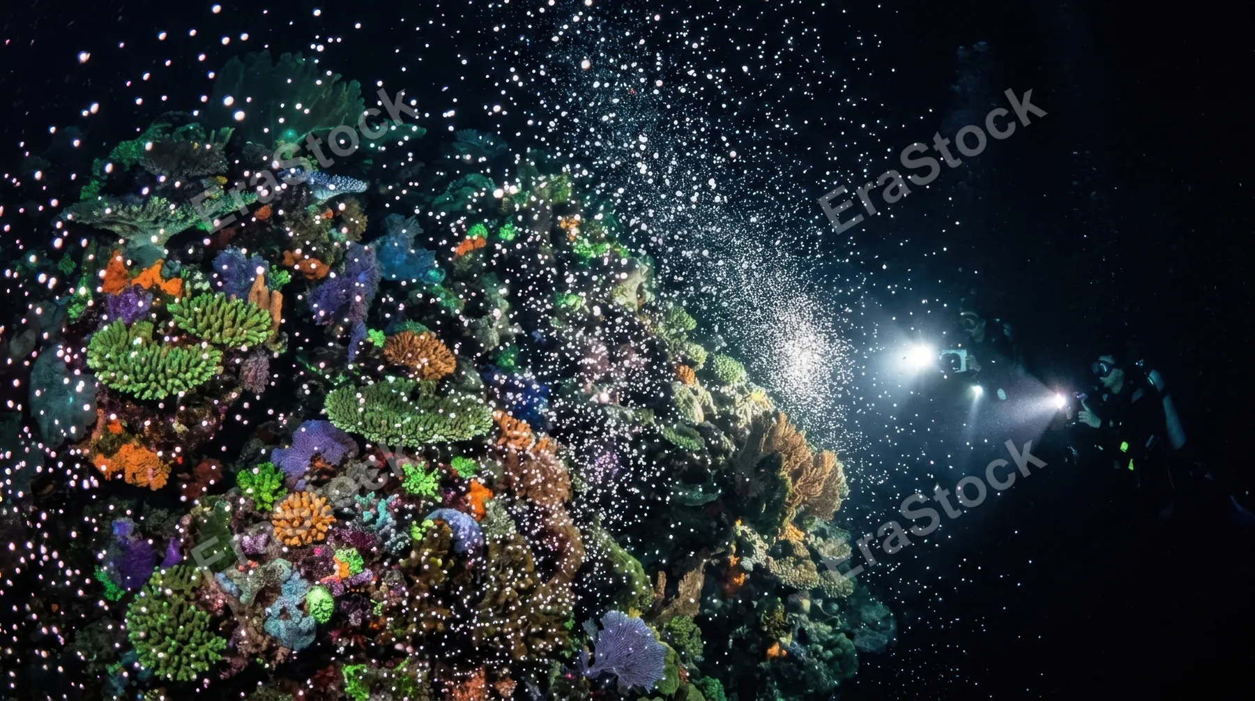 A living reef wall at night during coral spawning, millions of tiny white and pink egg-sperm bundles rising simultaneously from every coral surface like an underwater