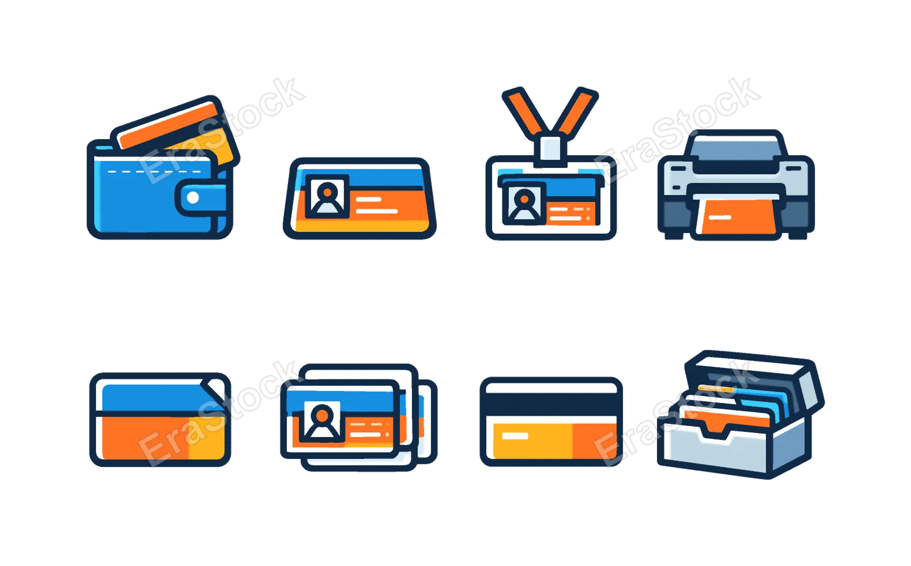 Networking stationery icons: card sliding from wallet, card on desk surface, lanyard ID card, card printing machine, die cut corner card, layered transparent cards, magnetic stripe
