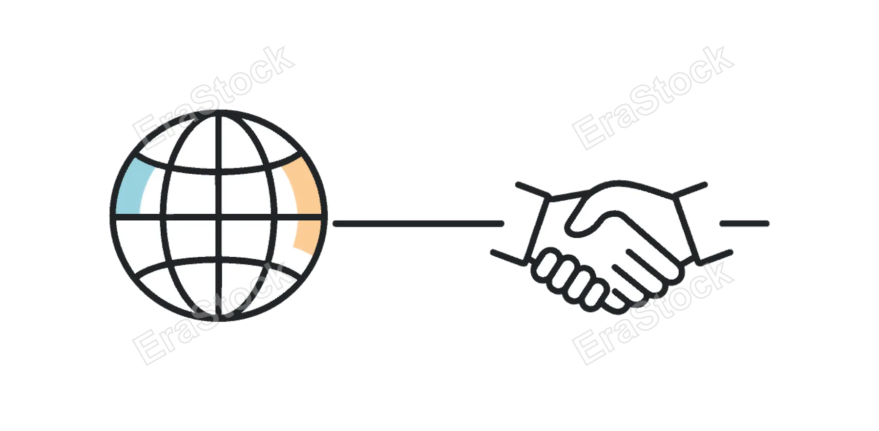 International business collaboration and remote teamwork across borders, a globe icon paired with a minimal handshake symbol connected by a thin line representing