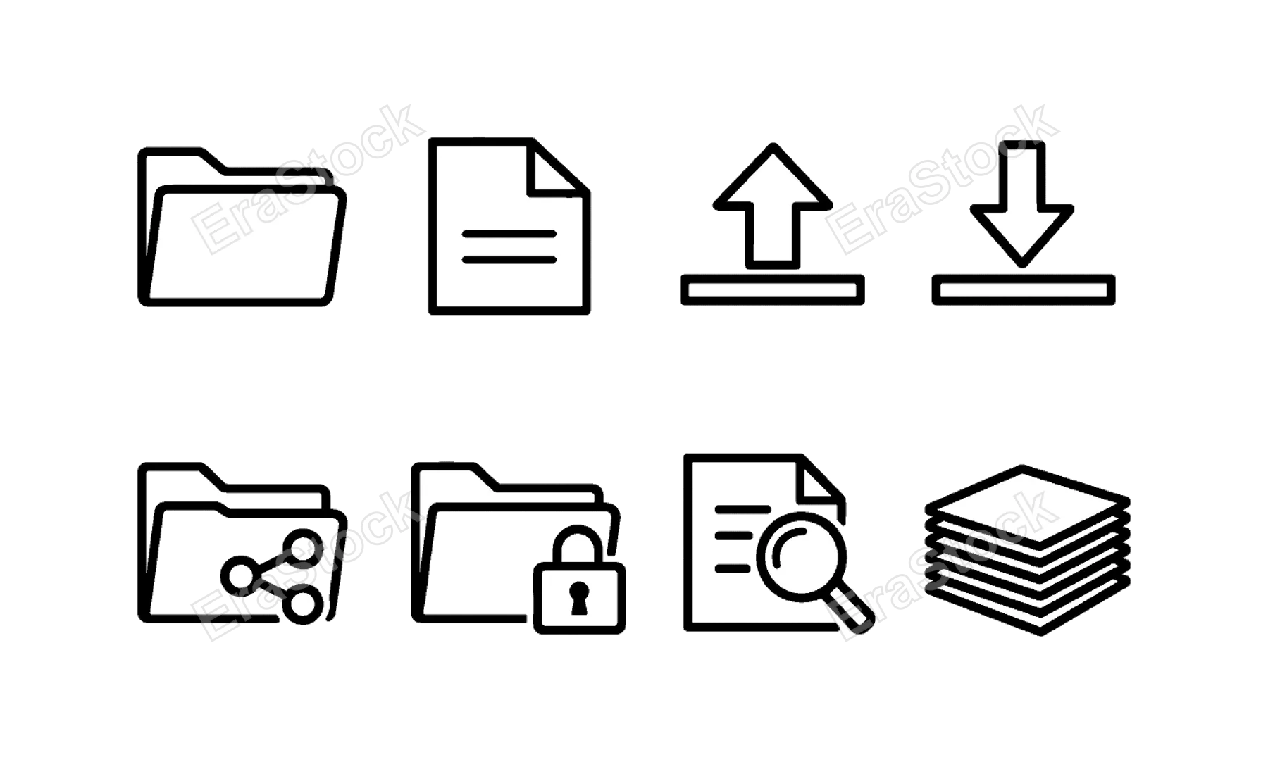 Digital file storage: folder, file document, upload arrow, download arrow, shared folder, locked folder, search file, organized stack.