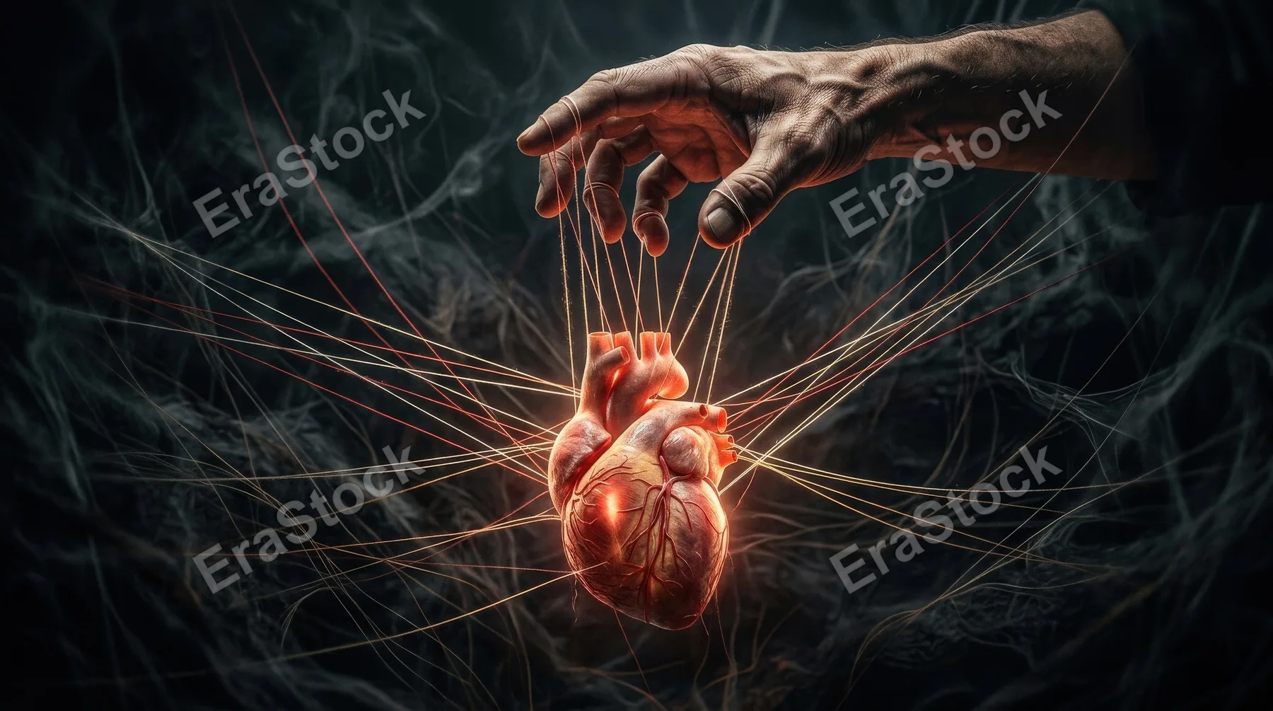 A heart concept with a hand acting like a puppet master, symbolic strings, emotional tension, surreal expressive atmosphere, ultra-realistic, no logos.