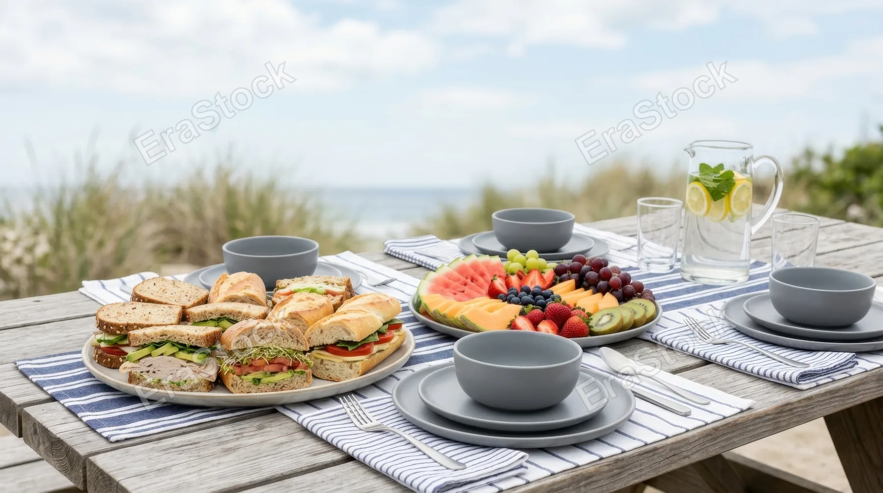a graphic commercial composition of fresh sandwiches and fruit platters on a picnic table, arranged neatly for an appealing advertisement. the image features muted gray