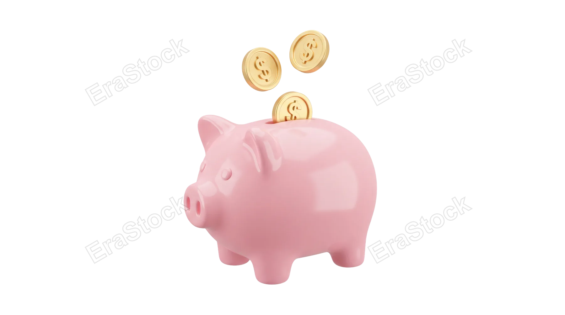 A classic pink piggy bank receives golden coins, representing the act of saving money and financial growth