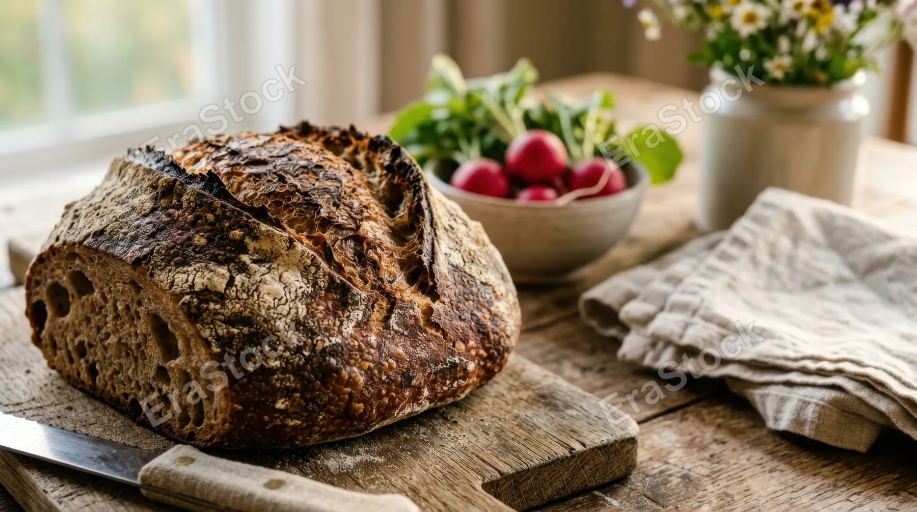 a tight focus on the textures of sourdough bread, with the vibrant colors of radishes and delicate linen napkins in the background. the soft, golden hour light enhances