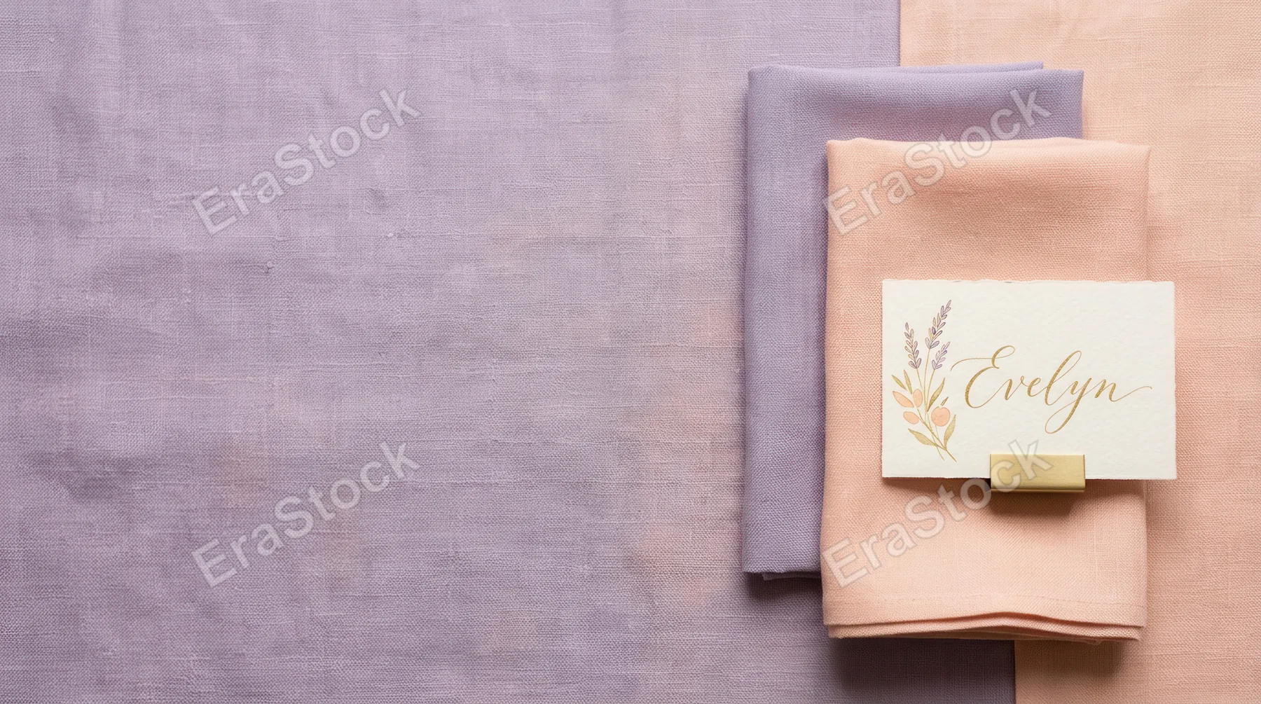 a bold, graphic composition of the place card and neatly folded napkins against the textured cloth, allowing for generous negative space on one side for potential text