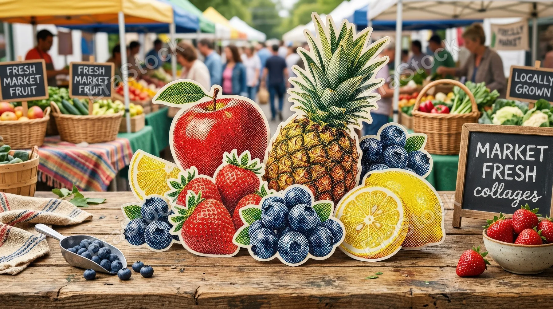 Fruits and berries collage cutouts with apple, strawberry, pineapple, blueberry, and lemon, vintage dot texture and a juicy cheerful market-fresh atmosphere, ultra-realistic, no logos.