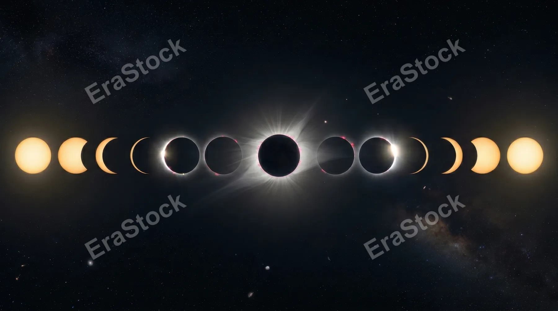 A time-lapse composite of a total solar eclipse progression spread across a single panoramic frame, the sun shown in fifteen stages from full disk to diamond ring to