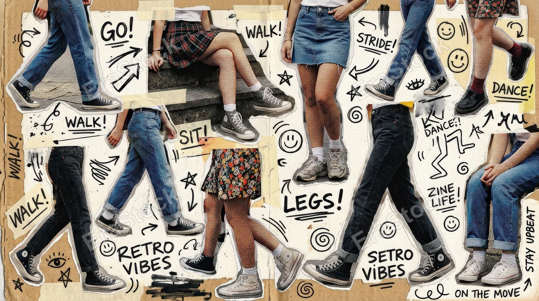 A halftone collage set of walking, sitting and standing legs in jeans, skirts and sneakers, torn paper edges, funny doodles and lively retro mixed-media attitude, ultra-realistic, no logos.