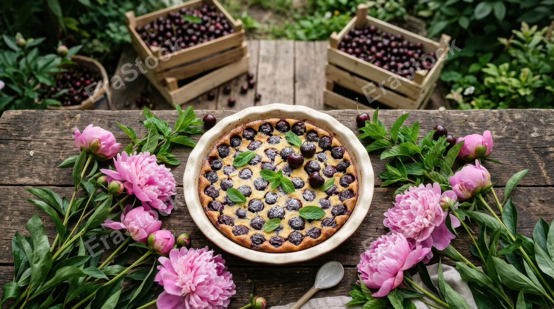 an overhead view of the freshly baked cherry clafoutis atop a rustic wooden table, framed by pink peonies and sprigs of mint. crates of fresh cherries scatter in the