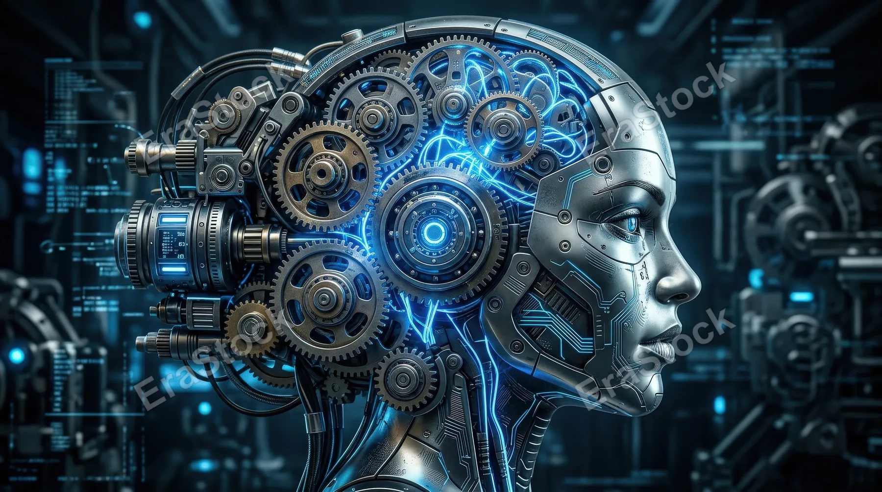 An AI automation gear head interface, metallic gears merging with a human profile and luminous circuits, advanced artificial intelligence concept, dramatic blue glow, ultra-realistic, no logos.