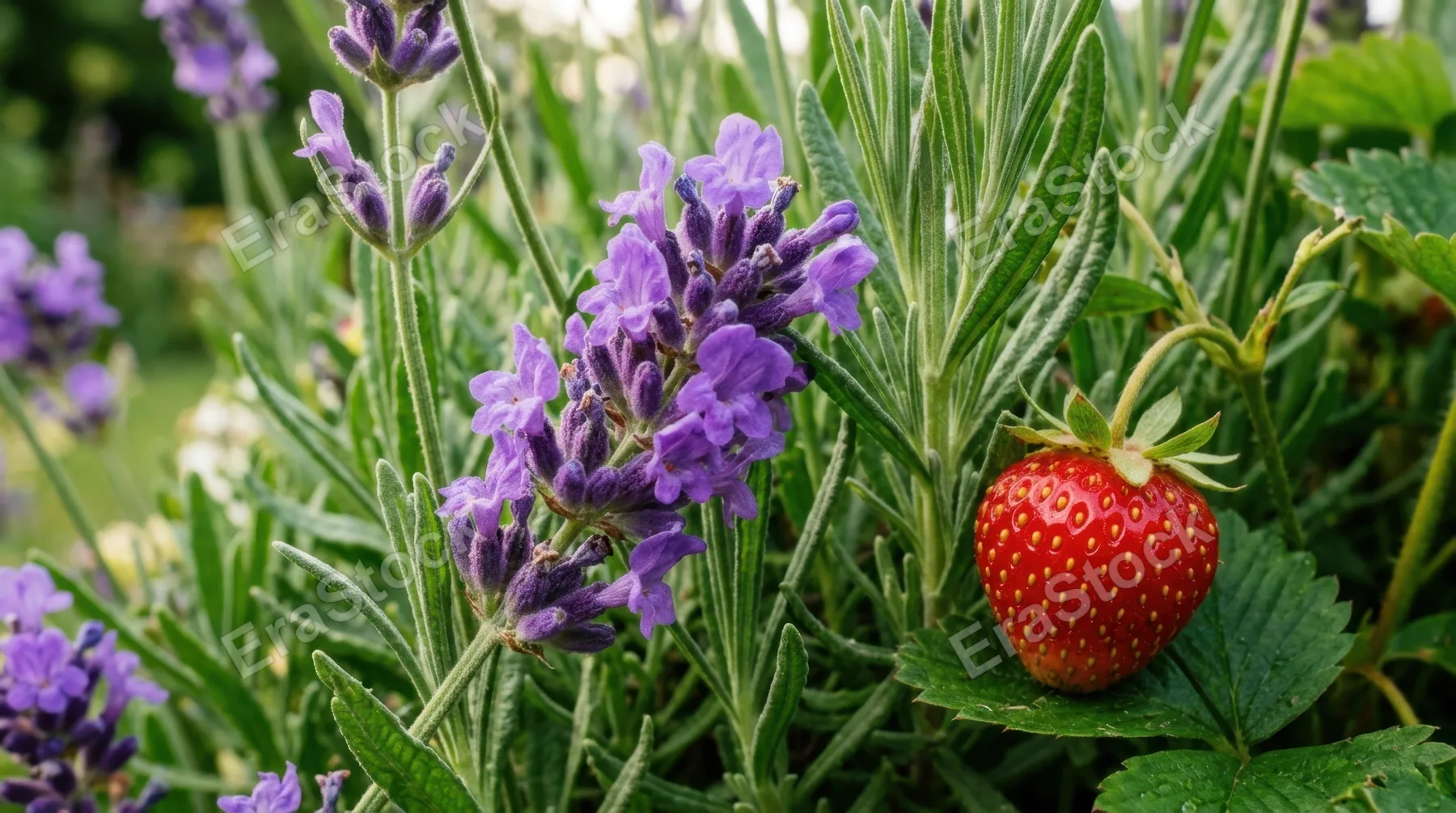 a close-up detail shot of a lavender plant, its vibrant purple flowers showing intricate textures against a backdrop of lush green foliage. a ripe strawberry nestles