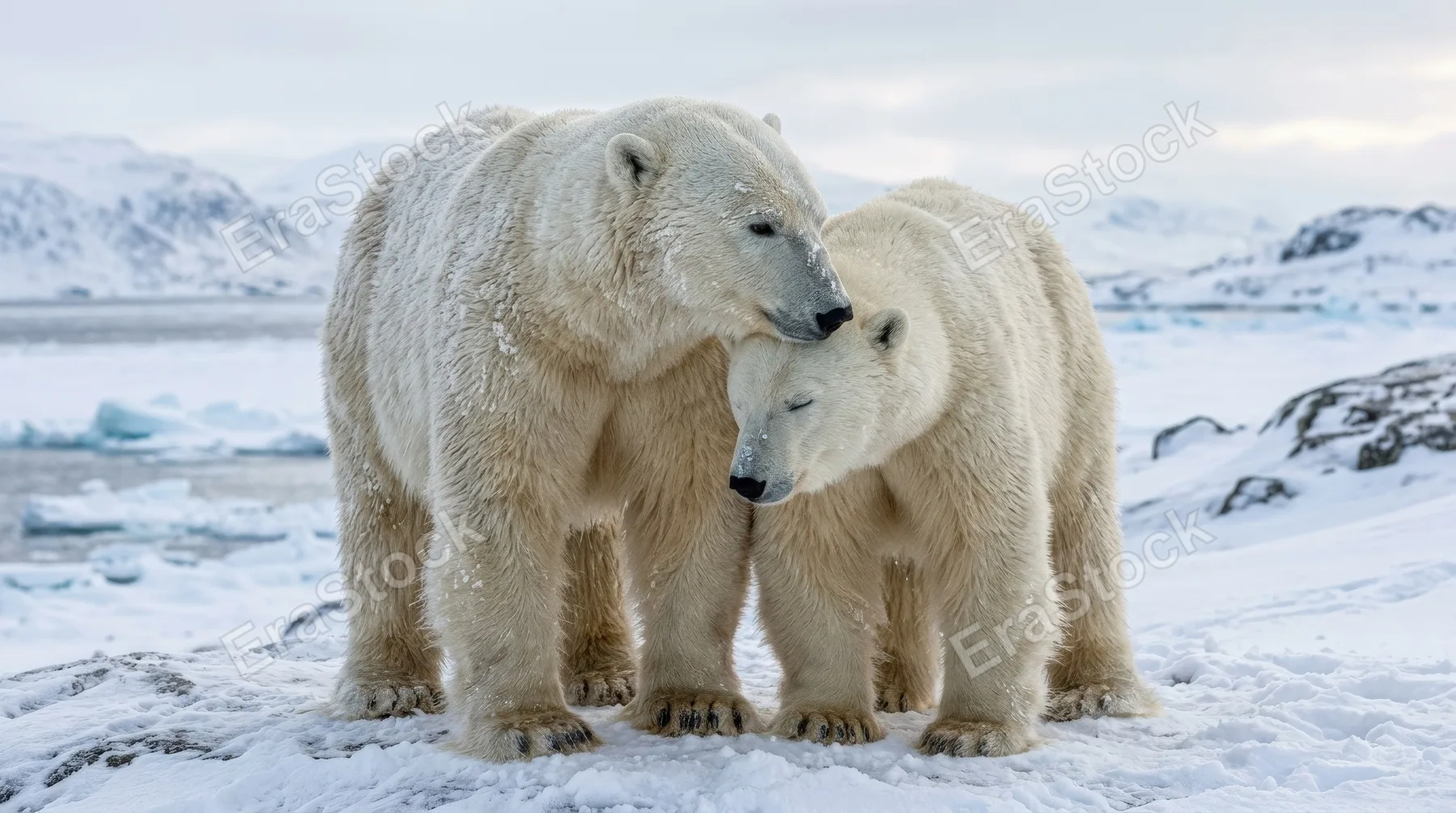 A polar bear couple standing close together, soft white fur, gentle snowy tones and tender affectionate mood, ultra-realistic, no logos.