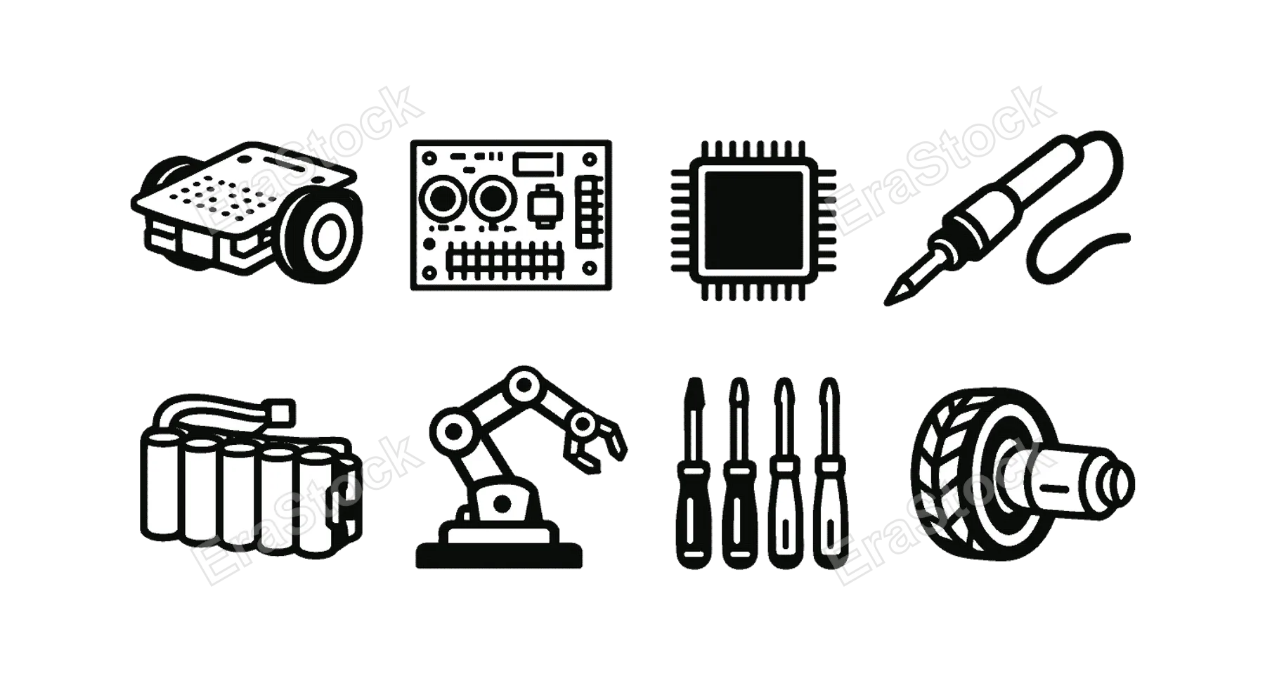 Miniature robotics lab: small robot chassis, circuit board with sensors, microcontroller chip, soldering iron, screwdriver set, battery pack, robotic arm, wheels with motors