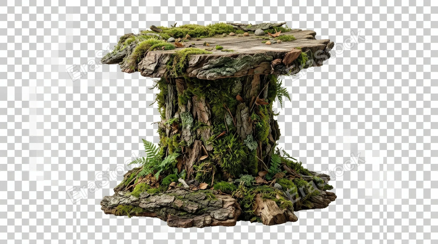 A natural bark-and-moss podium isolated on transparent background, earthy textures, organic edges and eco-inspired display appeal, ultra-realistic, no logos.