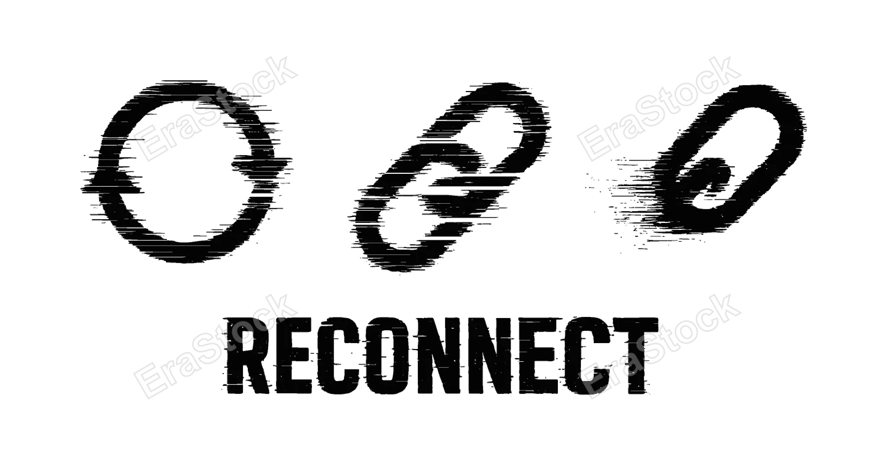 Digital reconnect and restore connection theme, a set of 3 glitch-distorted monochrome objects placed on a perfectly clean white background, each object exhibiting its