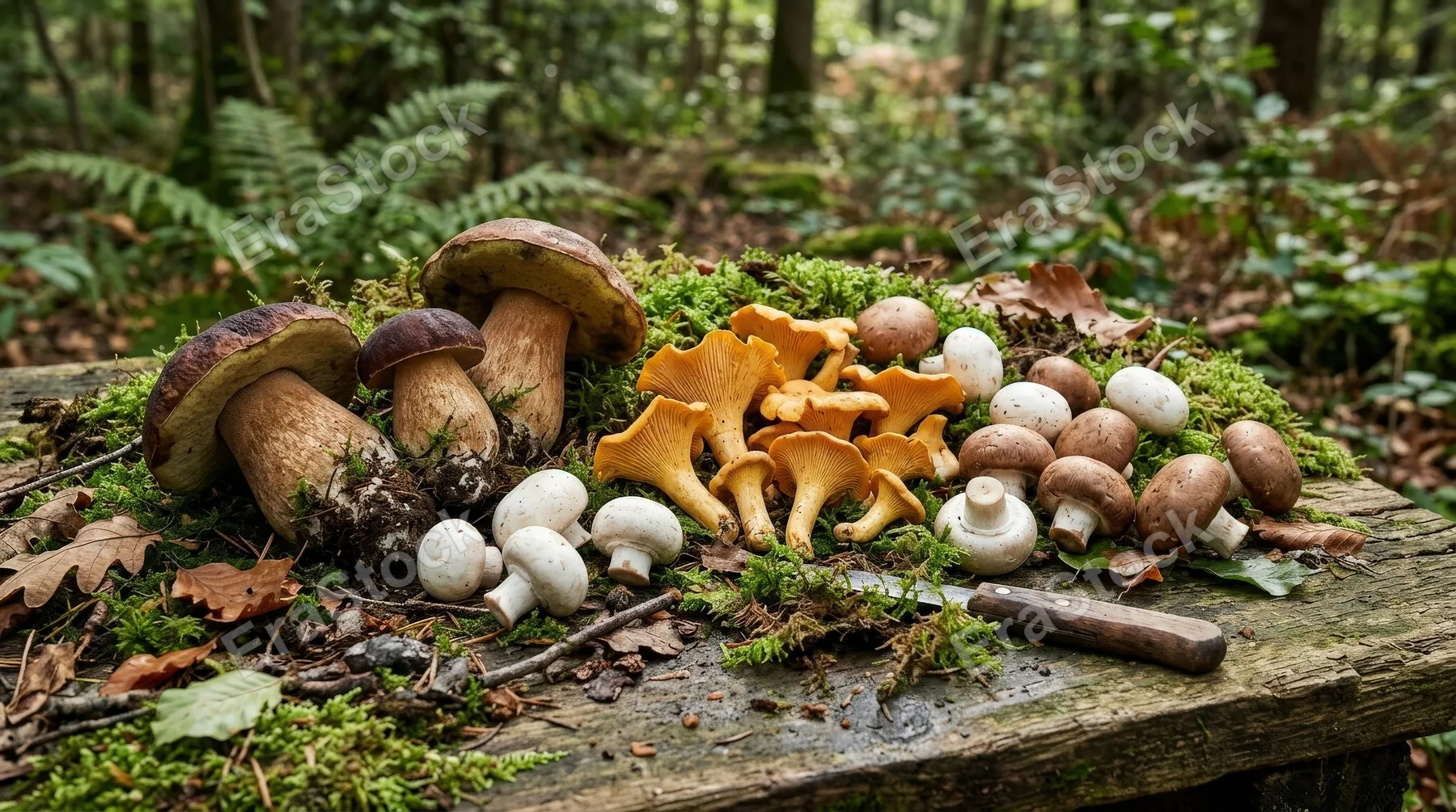 A mushroom assortment with chanterelles, porcini, button mushrooms, and forest moss on a rustic woodland surface, earthy detail and soft natural light, ultra-realistic, no logos.