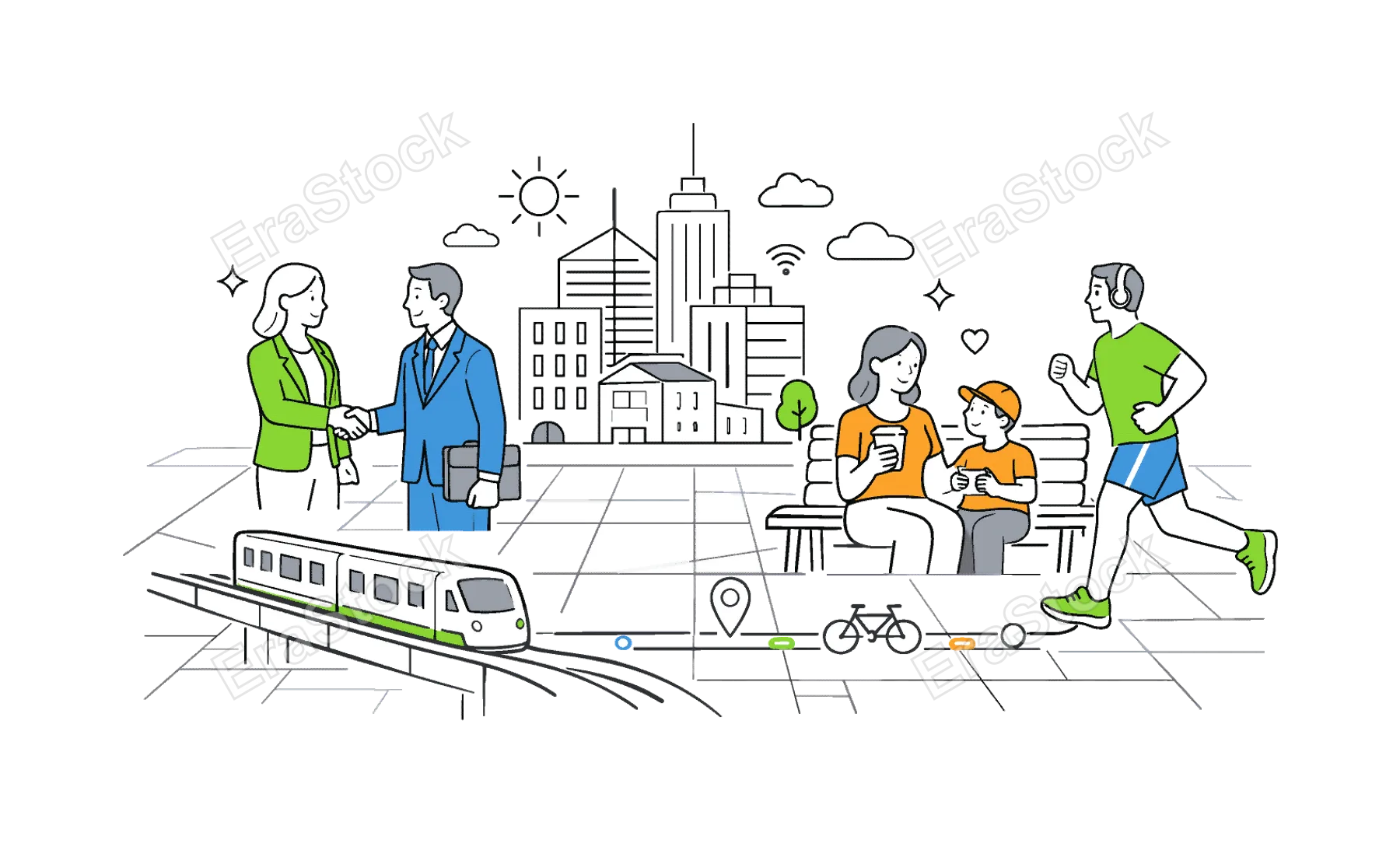 A group of professionals and residents coexisting in a dynamic city landscape, highlighting balance between business, lifestyle, and infrastructure in an urban ecosystem