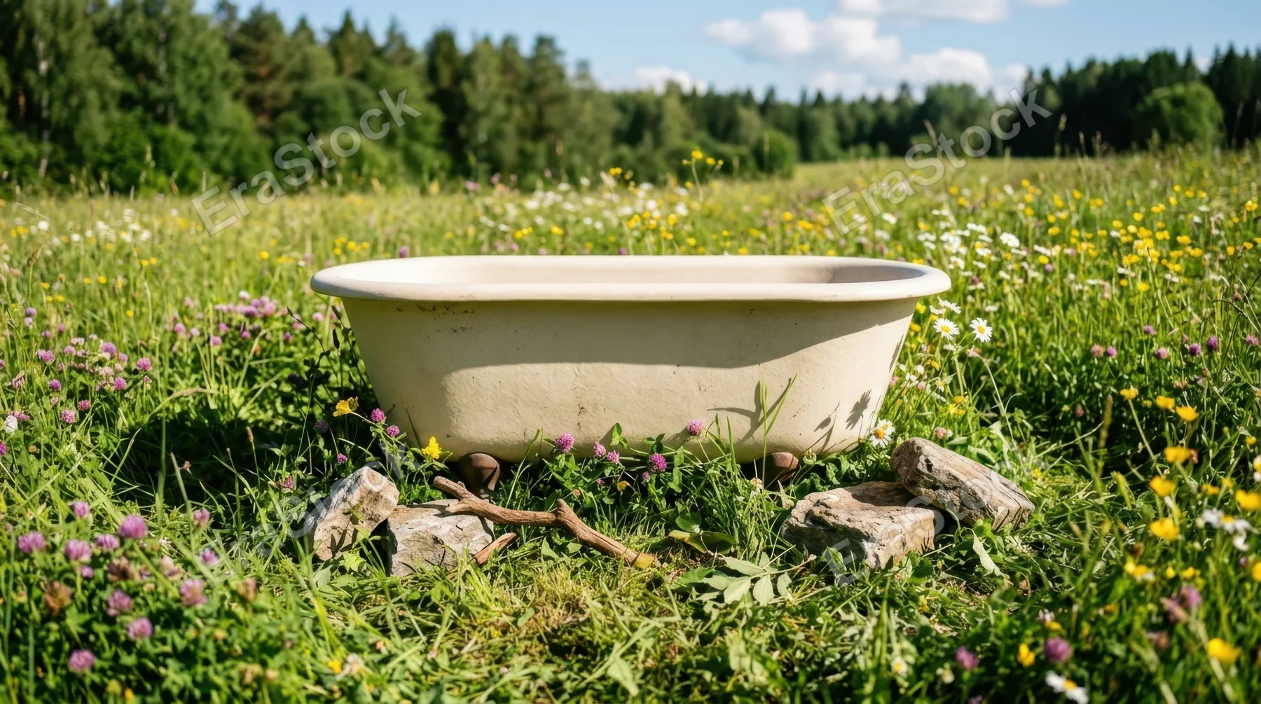 a matte cream tub sits prominently in the center of a vibrant patch of lush green grass, speckled with wildflowers in shades of sunny yellow and purple. this inviting