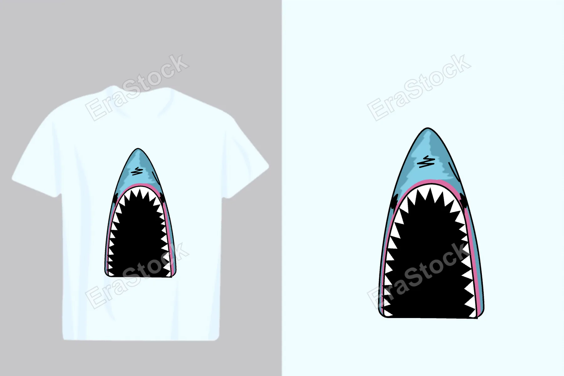 A white t-shirt mockup displays a bold graphic of a shark's open mouth, showcasing its menacing teeth and pink gums
