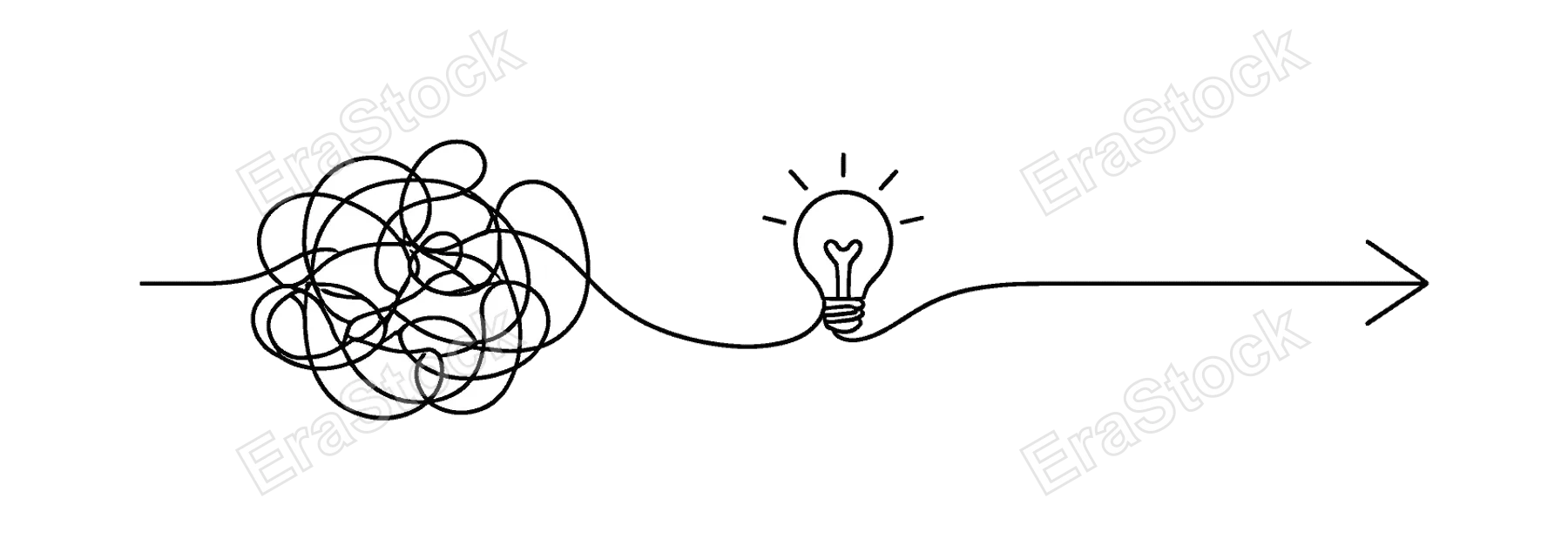 Turning confusion into clear actionable direction in a complex decision making workflow, a continuous line forming a tangled path that smoothly resolves into a straight