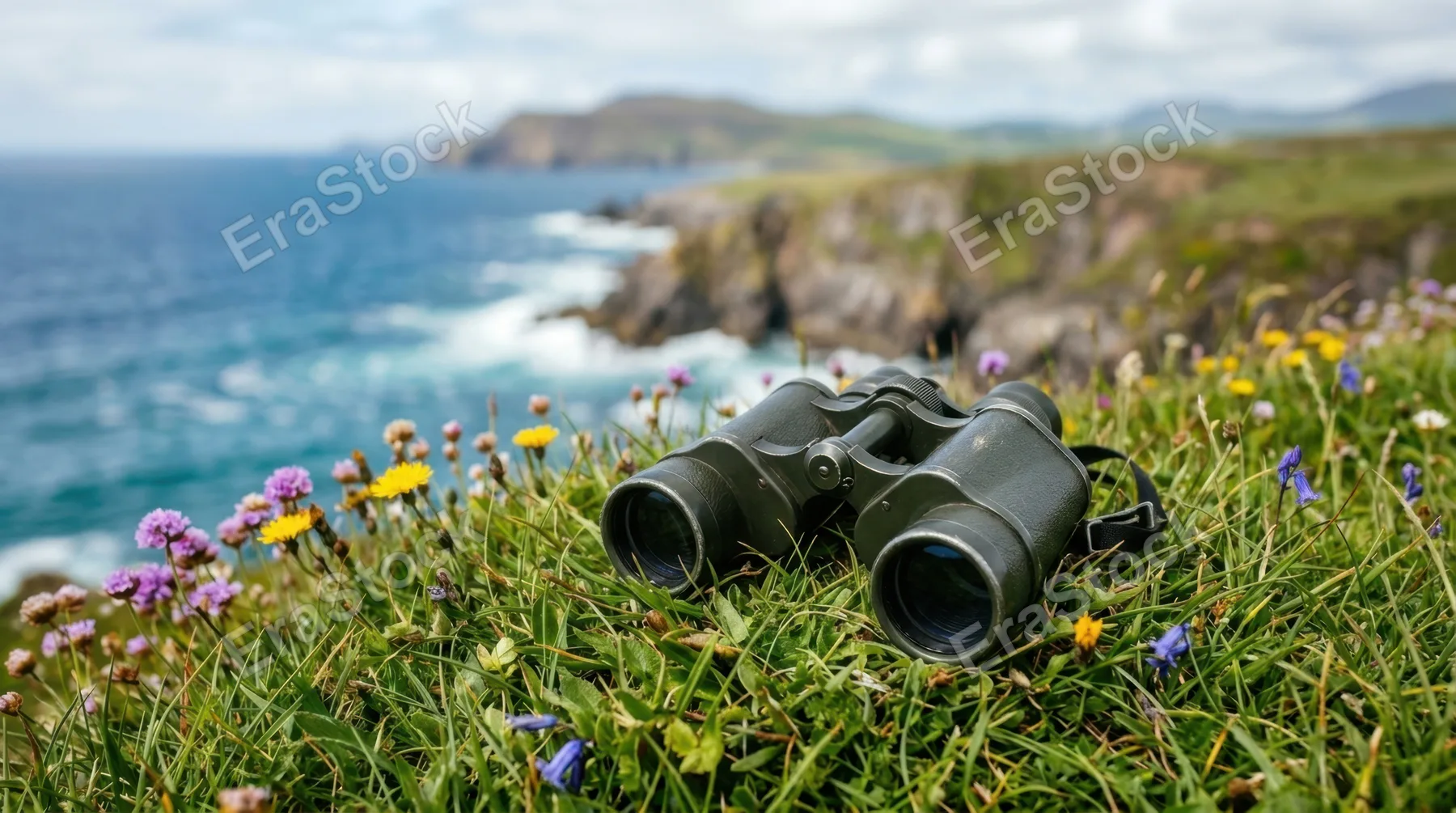 a close-up view of a pair of binoculars resting on the grass, surrounded by vibrant flowering plants and the vivid colors of the coastal landscape. the textures of the