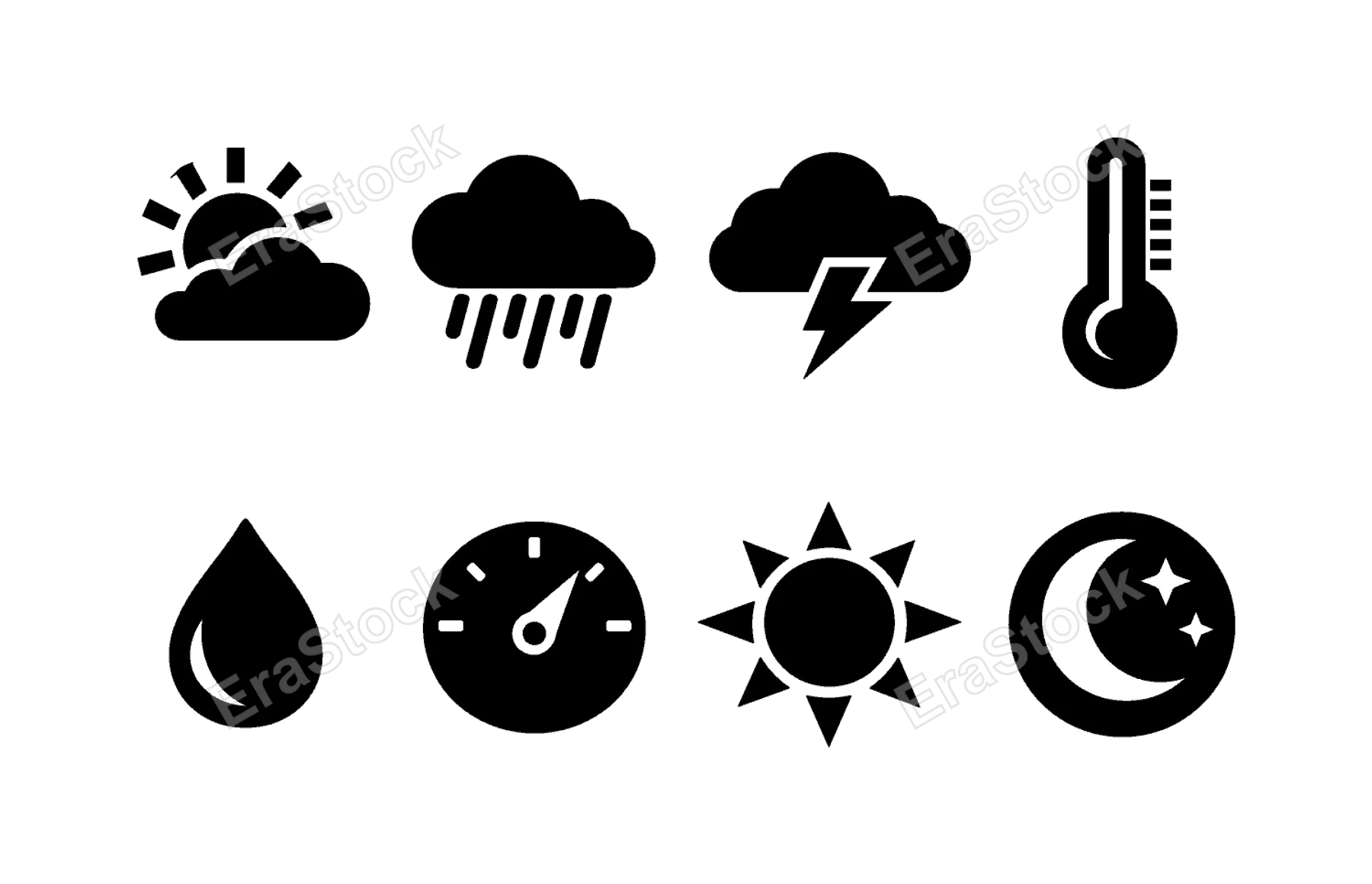 Weather forecast symbols: partly cloudy sun, heavy rain, thunderstorm cloud, temperature thermometer, humidity drop, barometer gauge, UV index sun, night moon with stars.