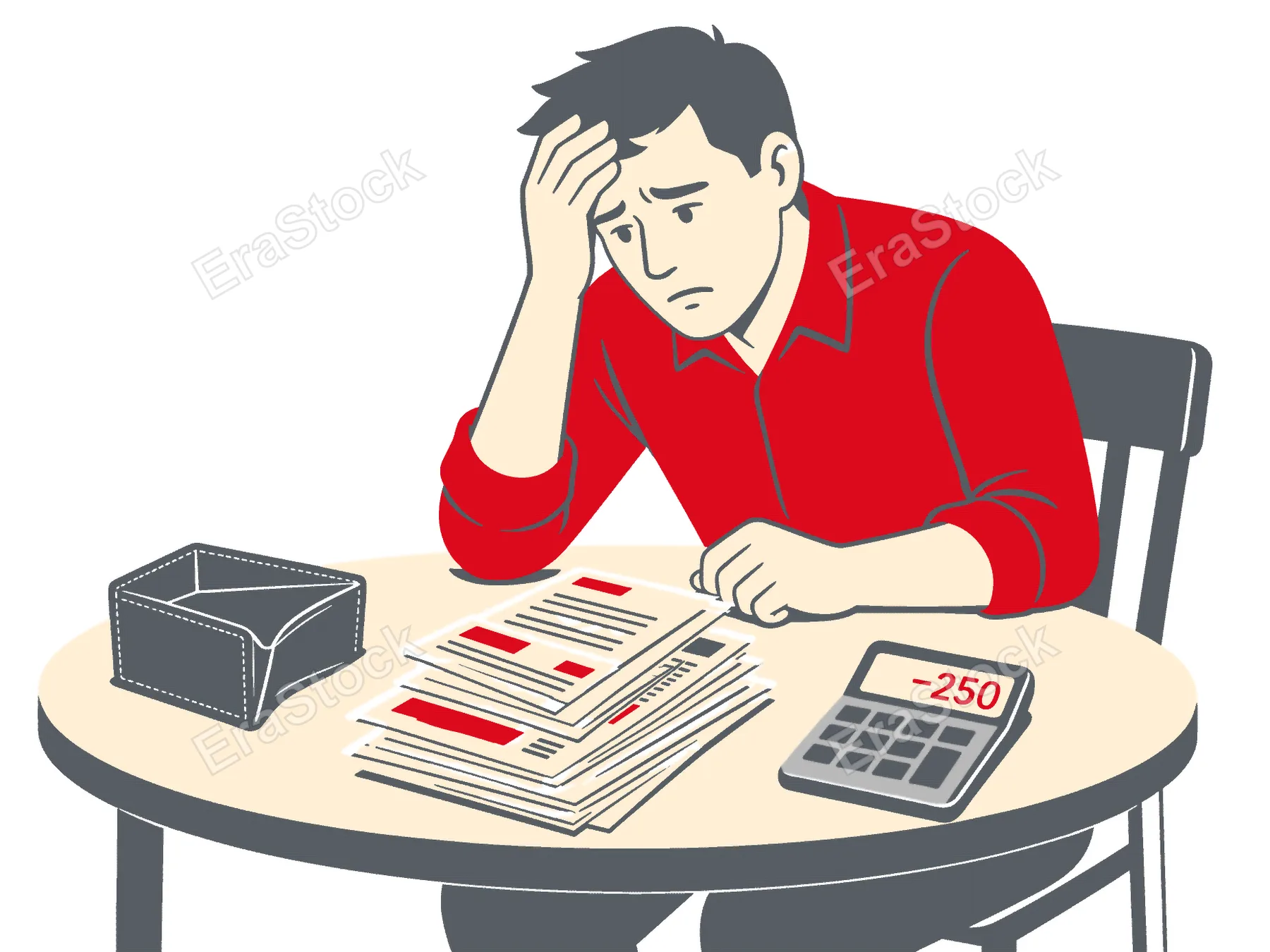 A man sits at a table with papers and a calculator showing a negative balance, looking distressed and holding his head