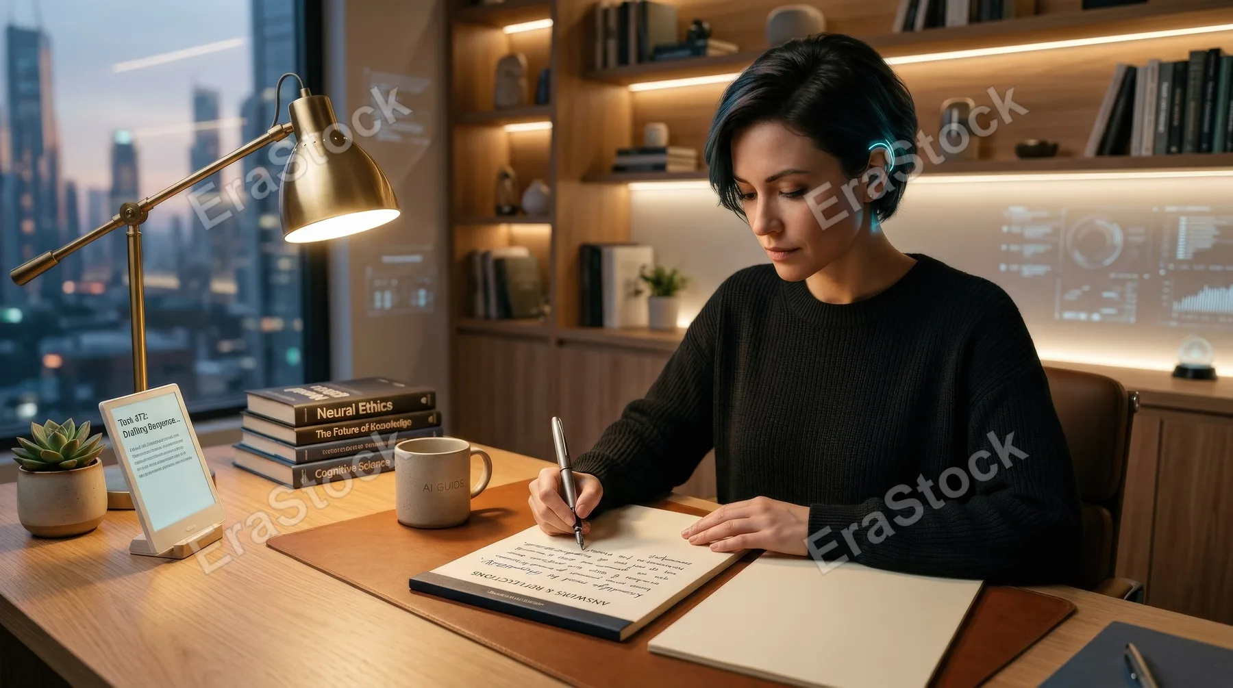 A helpful AI assistant writing answers by hand with pen on paper at a tidy desk, warm study light, clean workspace, thoughtful and futuristic atmosphere, ultra-realistic, no logos.