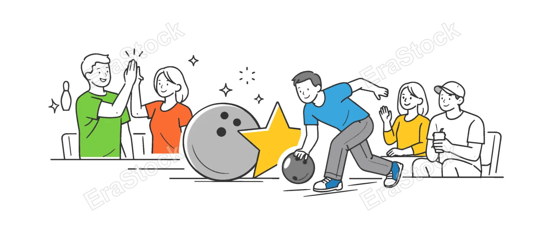 A leisure lifestyle concept where individuals unwind through a bowling activity in a relaxed environment, visualized by a small group near a simple bowling ball and star