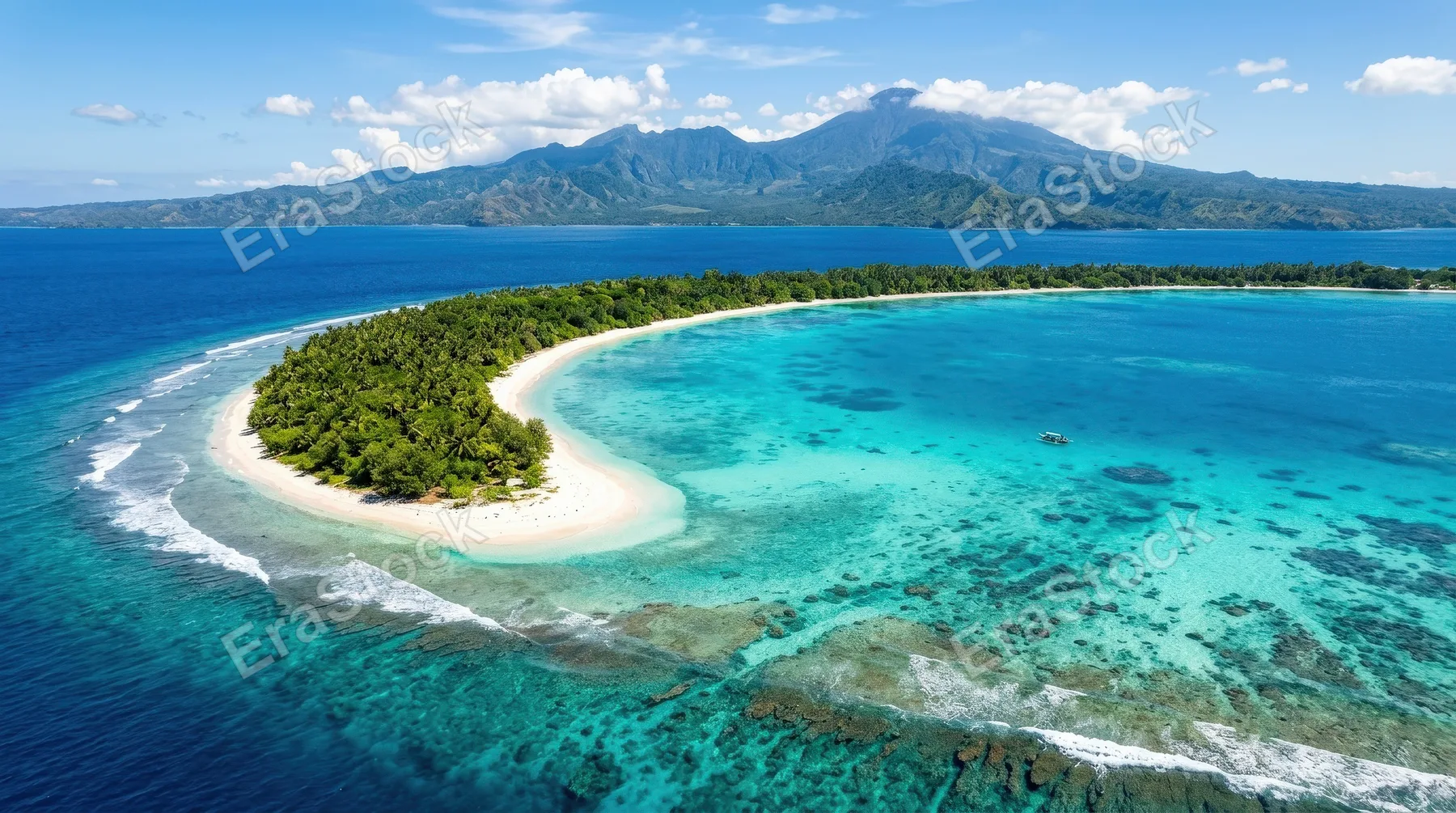 A drone view of a heavenly atoll near Lombok island, luminous turquoise water, curved shoreline and untouched South Pacific paradise under radiant daylight, ultra-realistic, no logos.