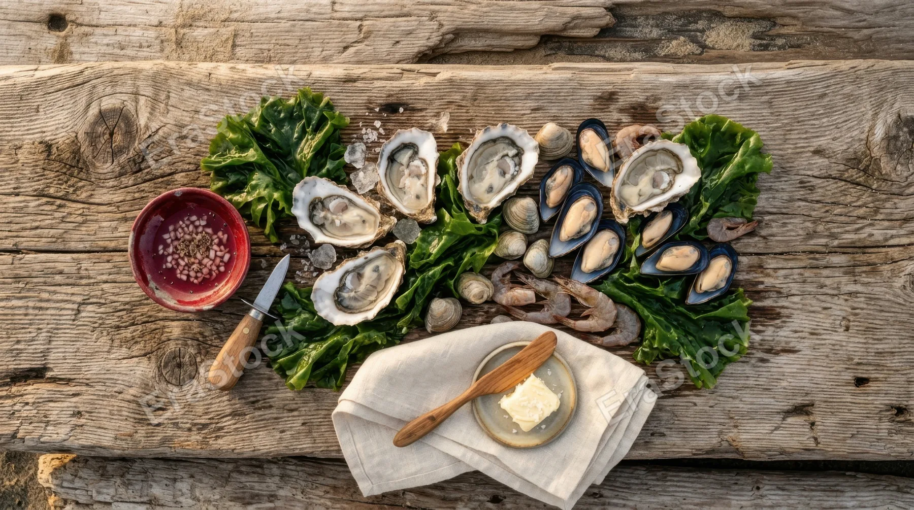 overhead view of a rustic arrangement featuring foraged sea lettuce and fresh seafood on driftwood, surrounded by subtle hints of deep cherry and creamy butter hues