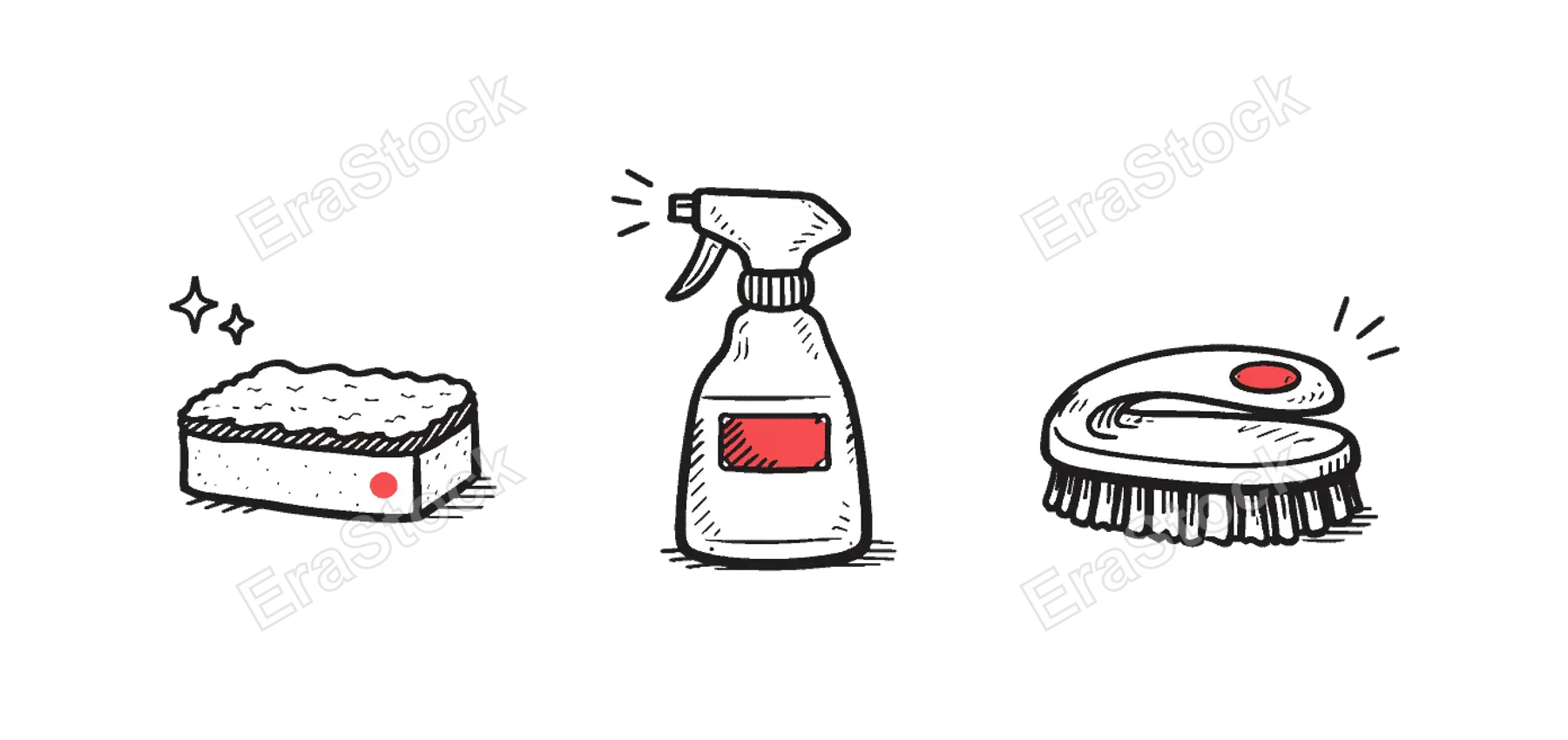 Simple home cleaning essentials theme a horizontal row of 3 related hand-drawn objects on a white background: a small sponge with a tiny pink dot detail, a simple spray