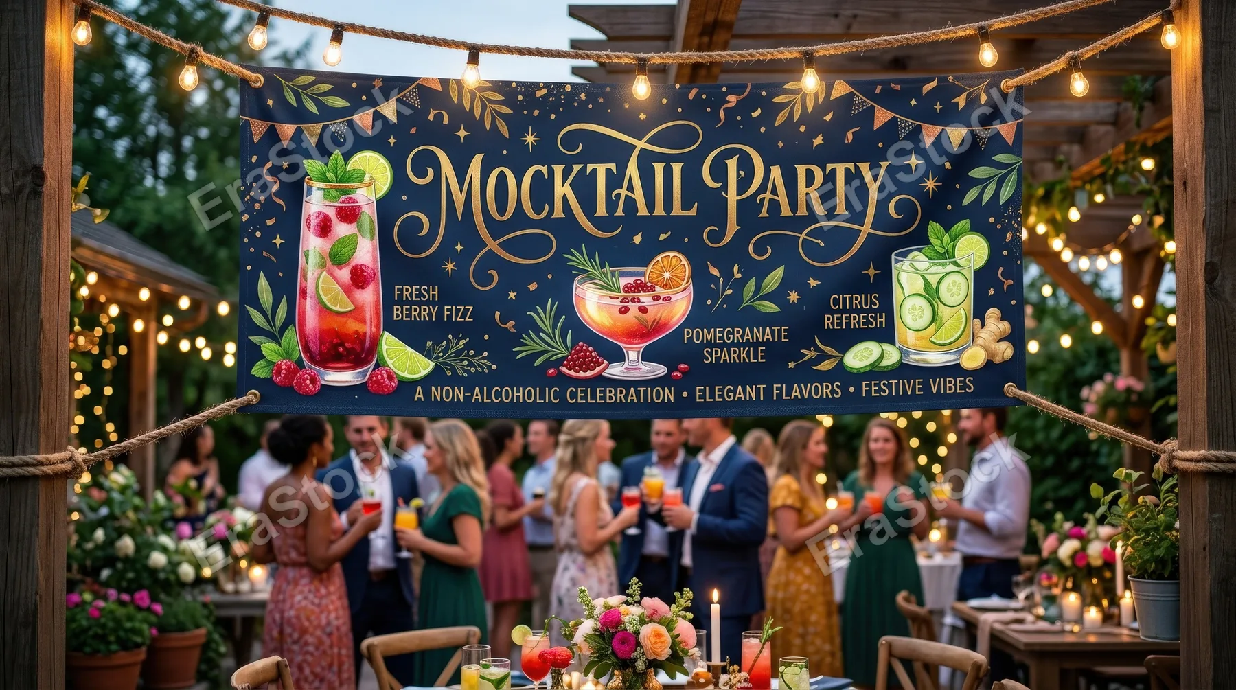 A festive mocktail party banner with elegant lettering, colorful drinks, playful decorative accents and a chic celebratory feel, ultra-realistic, no logos.